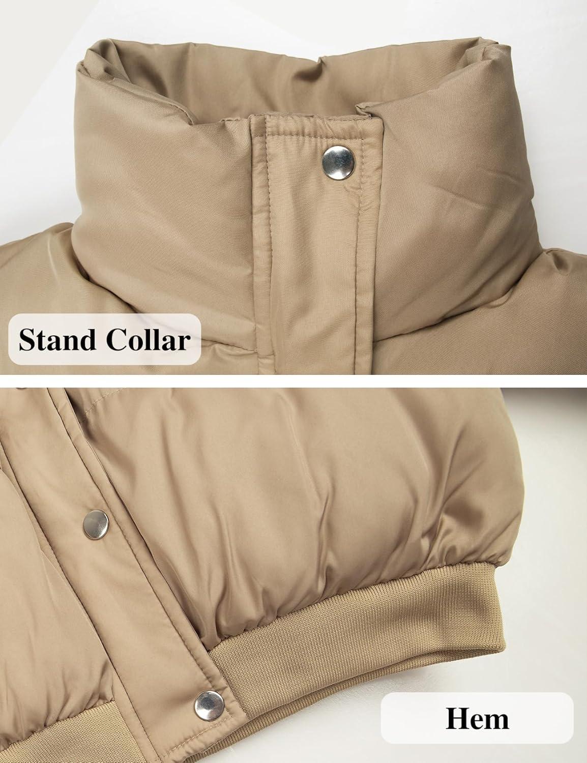 imageGihuo Women s Cropped Puffer Jacket Padded Long Sleeve Bubble Coats Winter Warm Puffy OuterwearKhaki