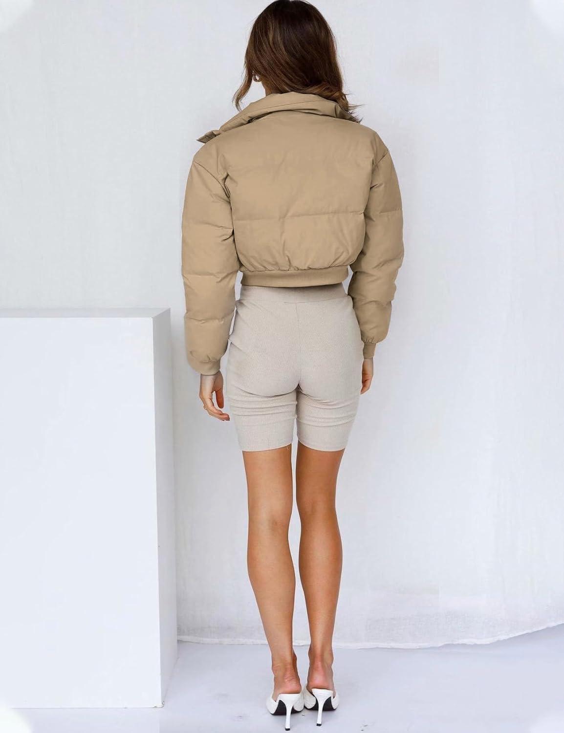 imageGihuo Women s Cropped Puffer Jacket Padded Long Sleeve Bubble Coats Winter Warm Puffy OuterwearKhaki