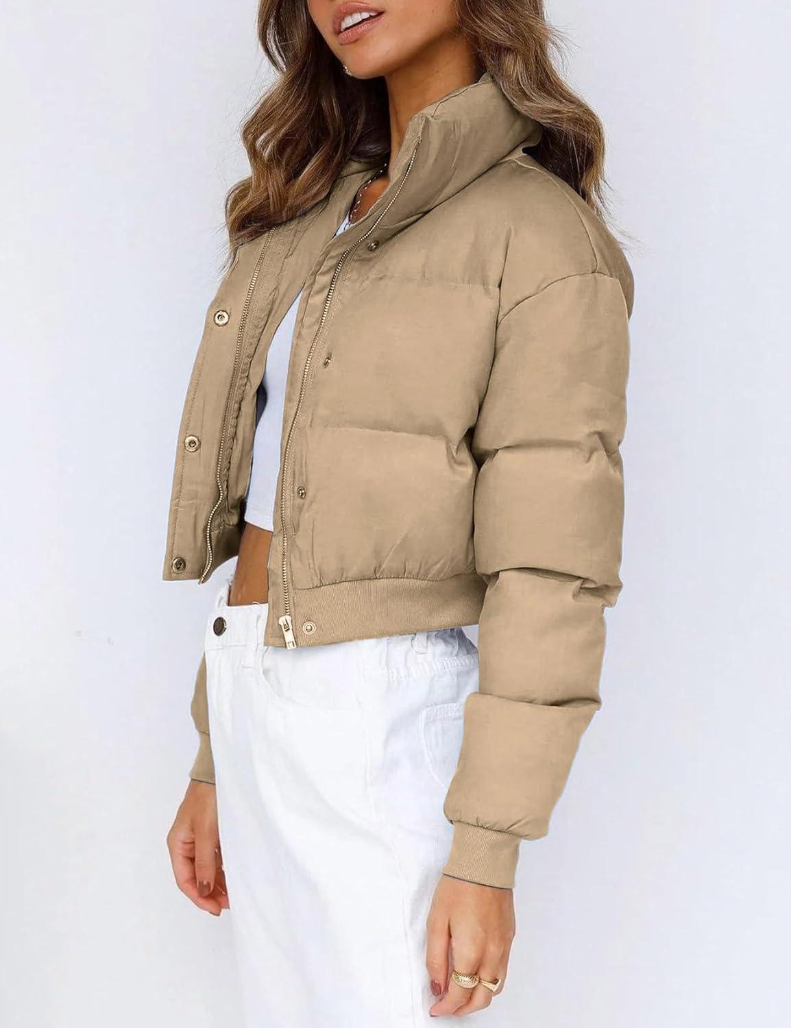 imageGihuo Women s Cropped Puffer Jacket Padded Long Sleeve Bubble Coats Winter Warm Puffy OuterwearKhaki
