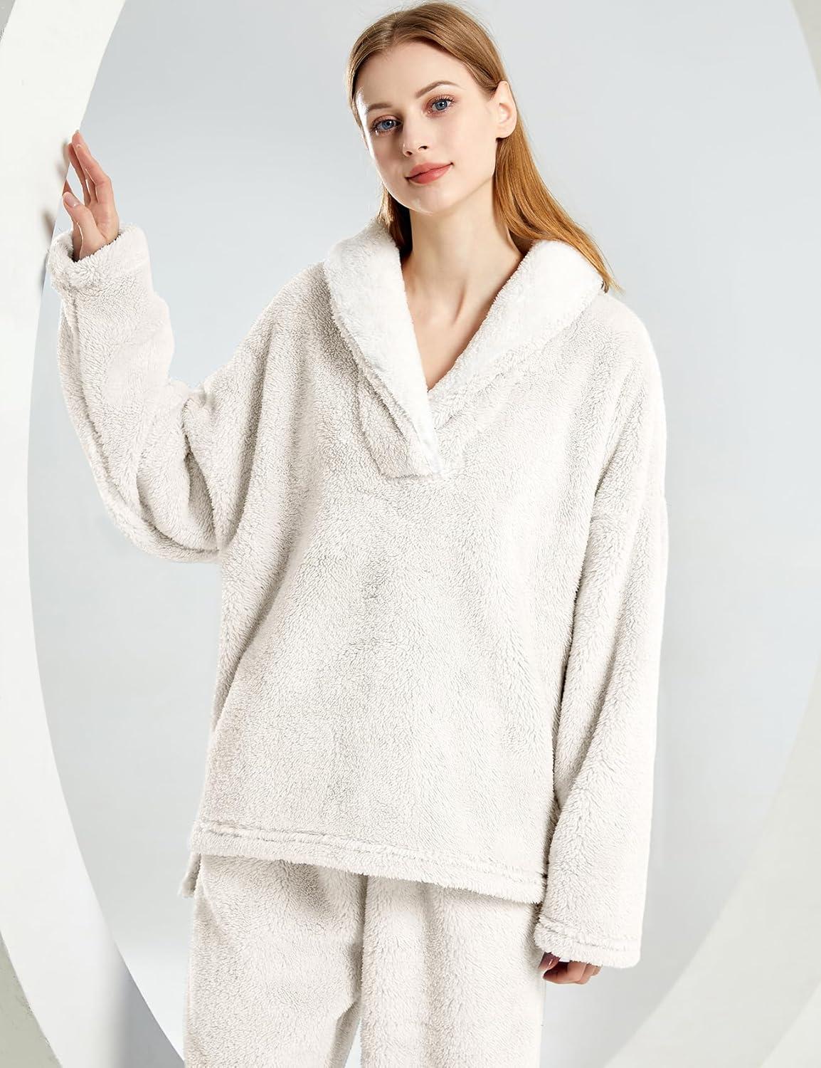 imageGihuo Women s Fluffy Pajamas Set Fleece Pullover Pants Loose Plush Sleepwear 2 Piece Pjs Set Warm Loungewear FuzzyBeige
