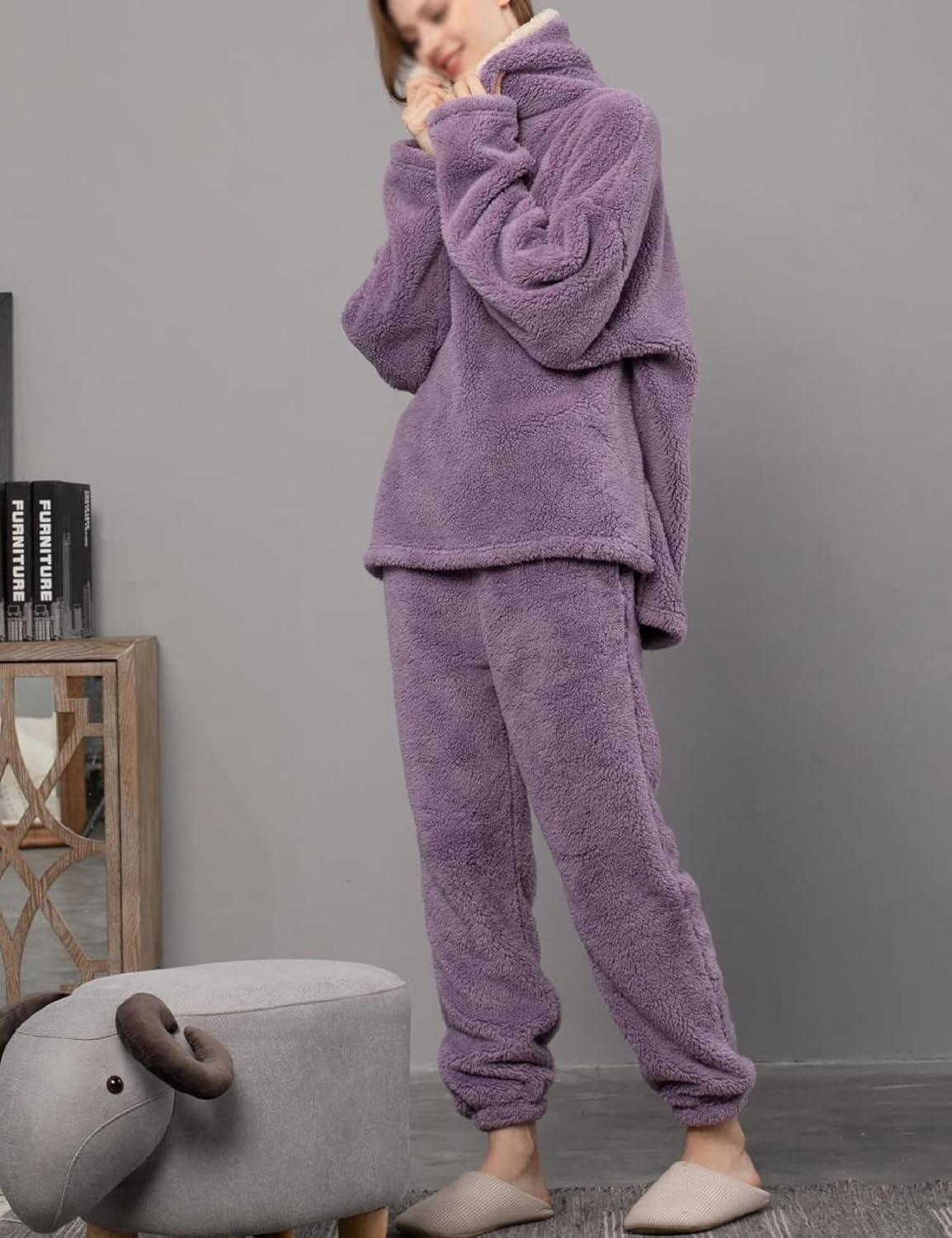 imageGihuo Women s Fluffy Pajamas Set Fleece Pullover Pants Loose Plush Sleepwear 2 Piece Pjs Set Warm Loungewear FuzzyPurple