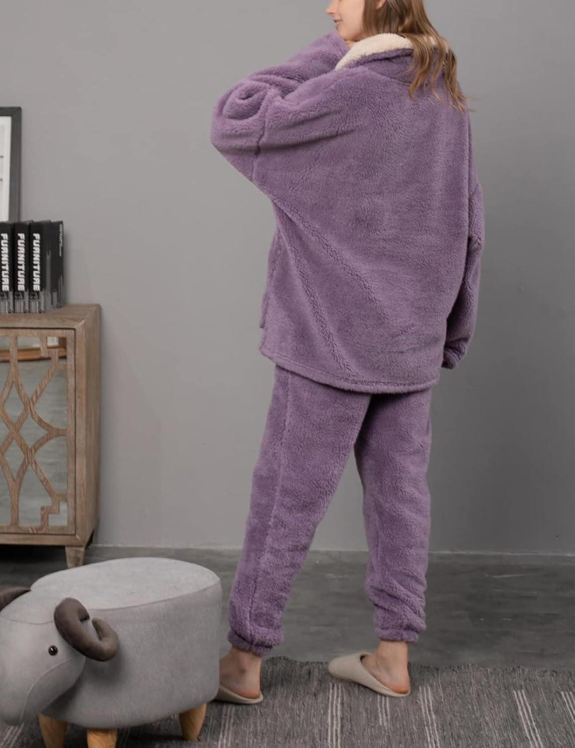 imageGihuo Women s Fluffy Pajamas Set Fleece Pullover Pants Loose Plush Sleepwear 2 Piece Pjs Set Warm Loungewear FuzzyPurple