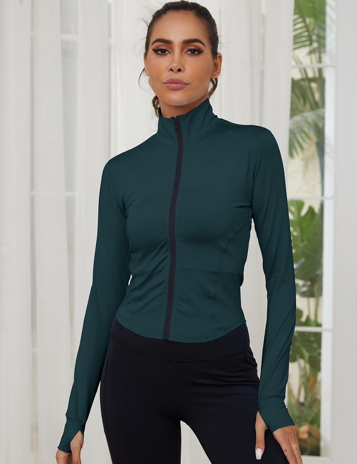 imageGihuo Womens Athletic Full Zip Lightweight Workout Jacket with Thumb HolesDarkgreen