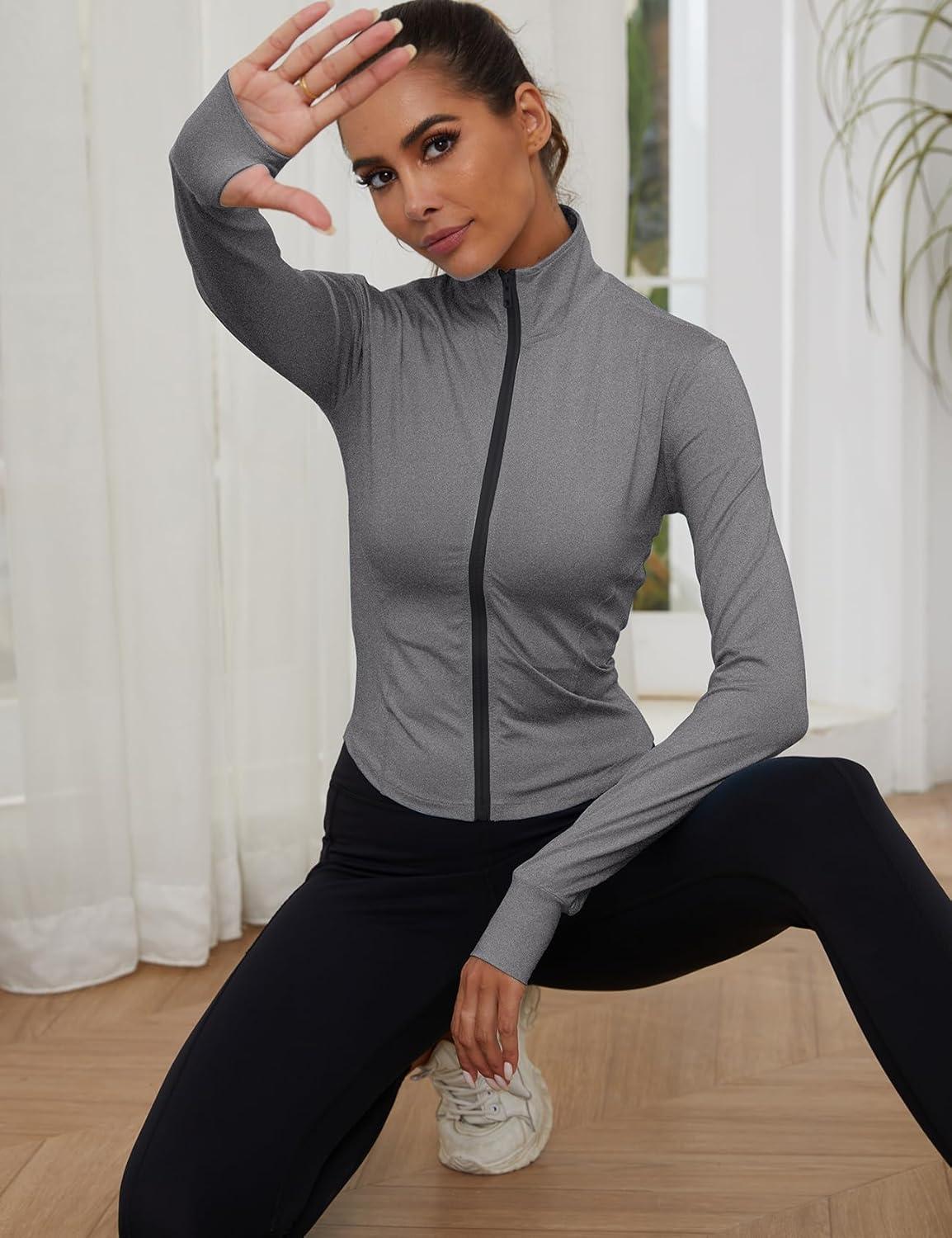 imageGihuo Womens Athletic Full Zip Lightweight Workout Jacket with Thumb HolesDarkgrey