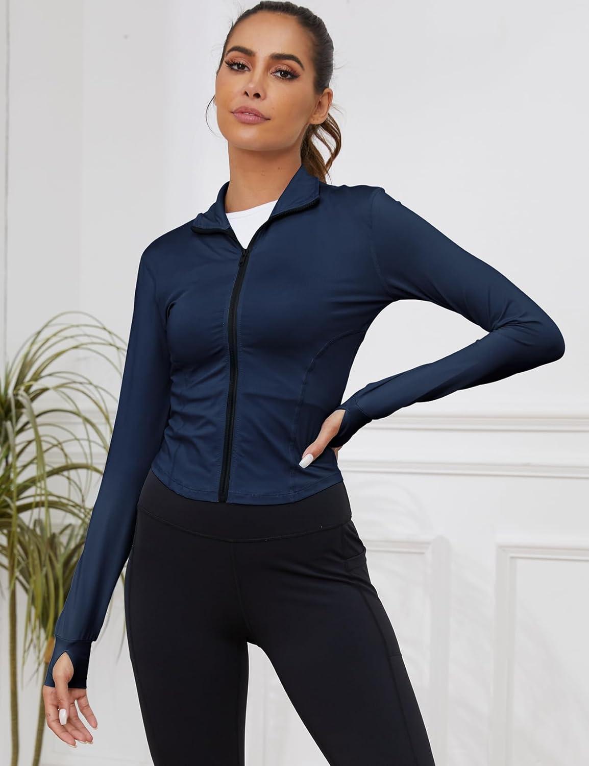 imageGihuo Womens Athletic Full Zip Lightweight Workout Jacket with Thumb HolesNavy