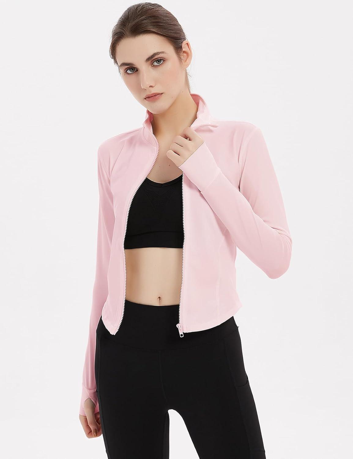 imageGihuo Womens Athletic Full Zip Lightweight Workout Jacket with Thumb HolesPink