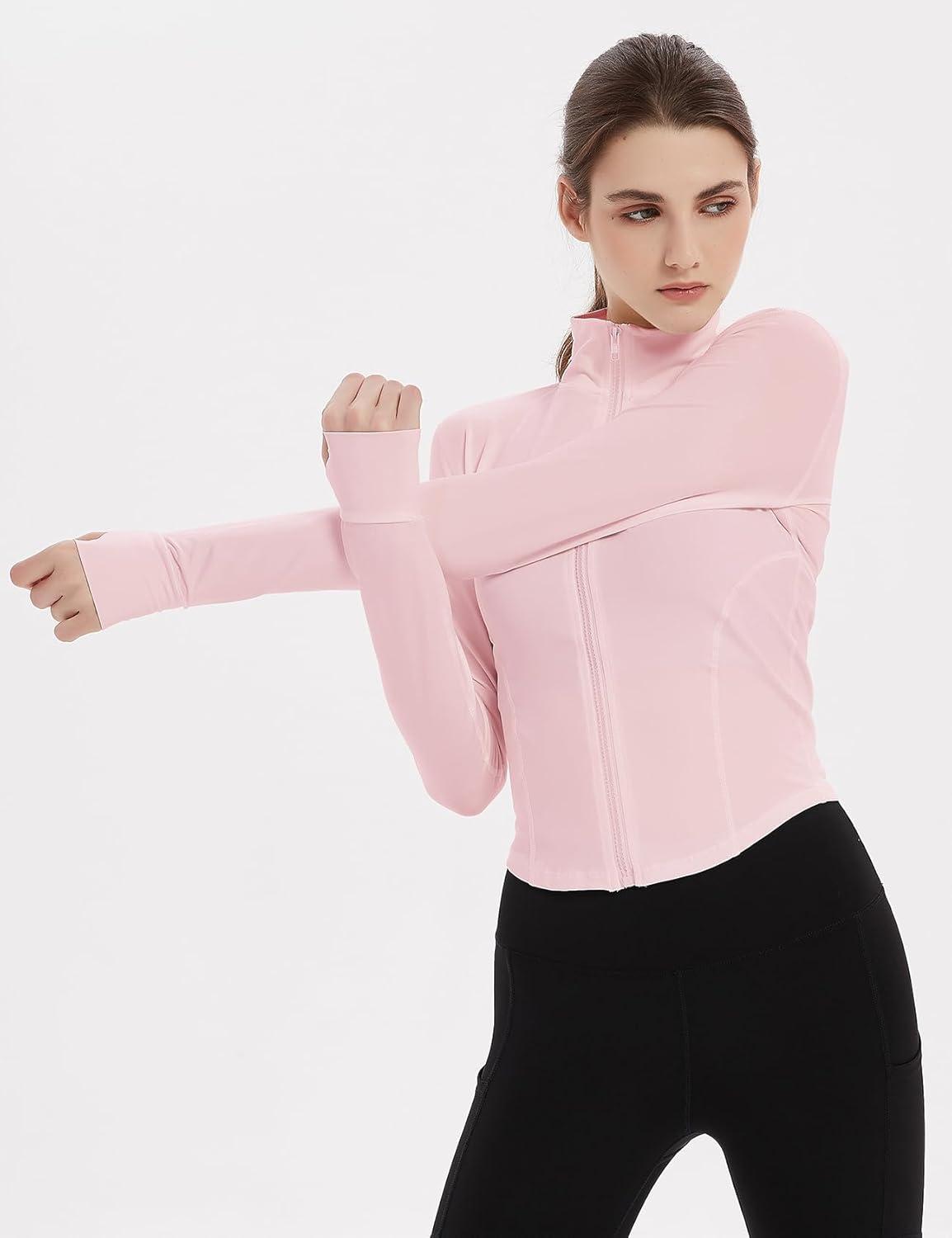 imageGihuo Womens Athletic Full Zip Lightweight Workout Jacket with Thumb HolesPink