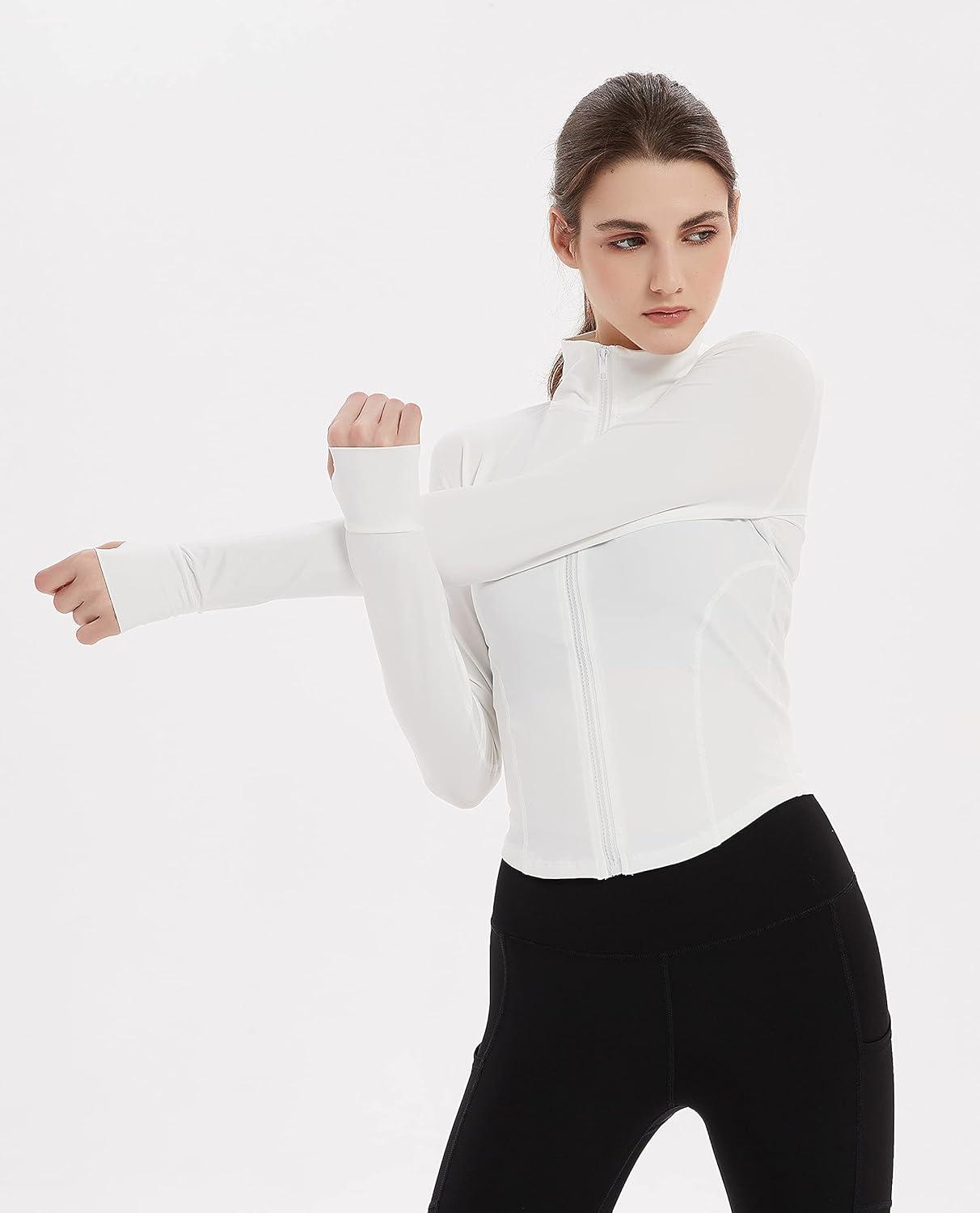 imageGihuo Womens Athletic Full Zip Lightweight Workout Jacket with Thumb HolesWhite