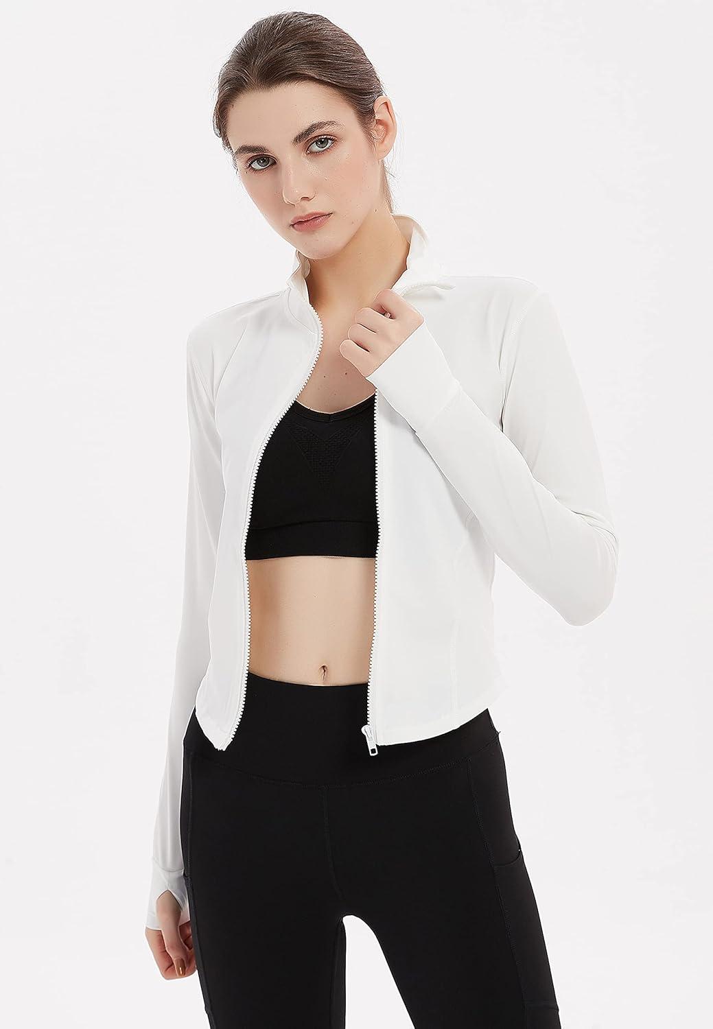 imageGihuo Womens Athletic Full Zip Lightweight Workout Jacket with Thumb HolesWhite