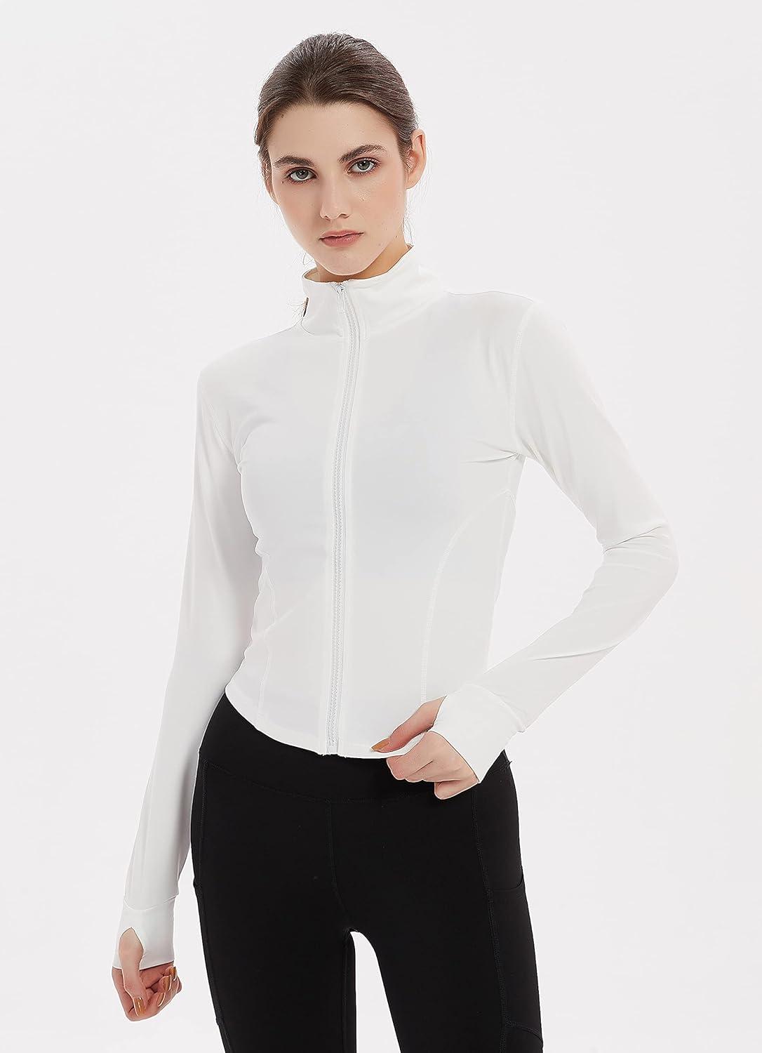 imageGihuo Womens Athletic Full Zip Lightweight Workout Jacket with Thumb HolesWhite