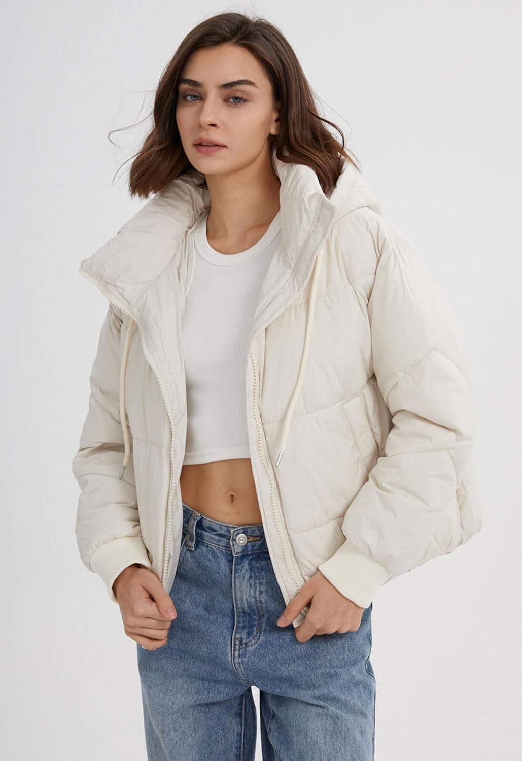 imageGihuo Womens Crop Hooded Puffer Jacket Zip Up Winter Quilted Warm Short Jacket OuterwearBeige