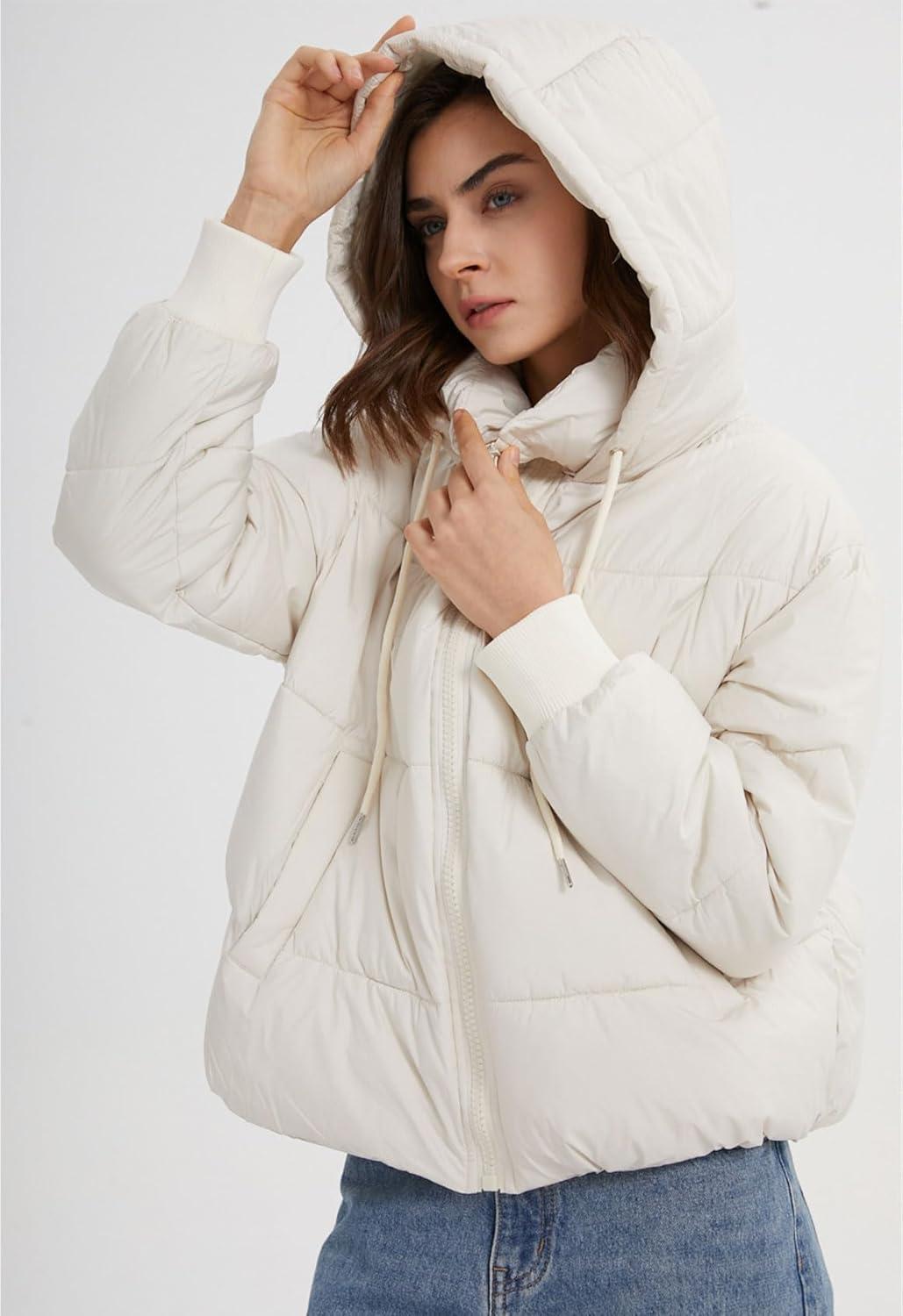 imageGihuo Womens Crop Hooded Puffer Jacket Zip Up Winter Quilted Warm Short Jacket OuterwearBeige