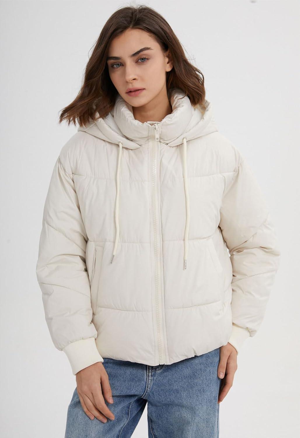 imageGihuo Womens Crop Hooded Puffer Jacket Zip Up Winter Quilted Warm Short Jacket OuterwearBeige