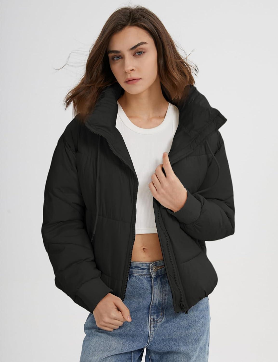 imageGihuo Womens Crop Hooded Puffer Jacket Zip Up Winter Quilted Warm Short Jacket OuterwearBlack