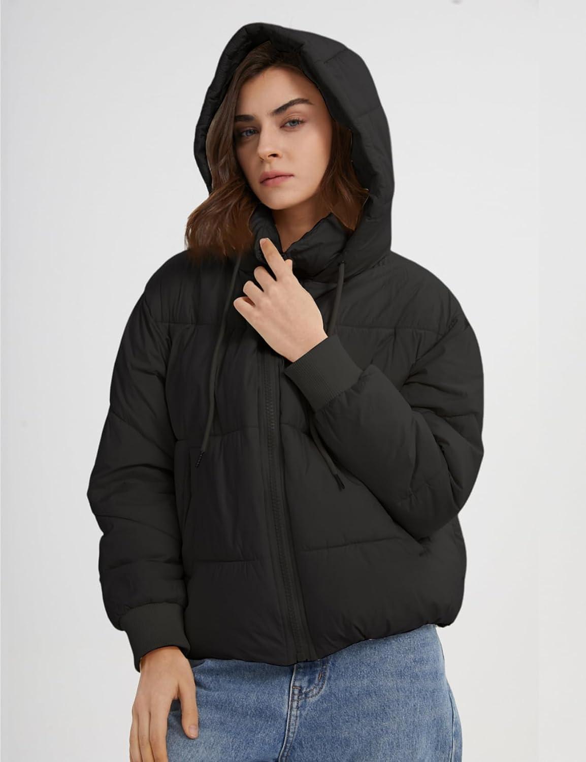 imageGihuo Womens Crop Hooded Puffer Jacket Zip Up Winter Quilted Warm Short Jacket OuterwearBlack