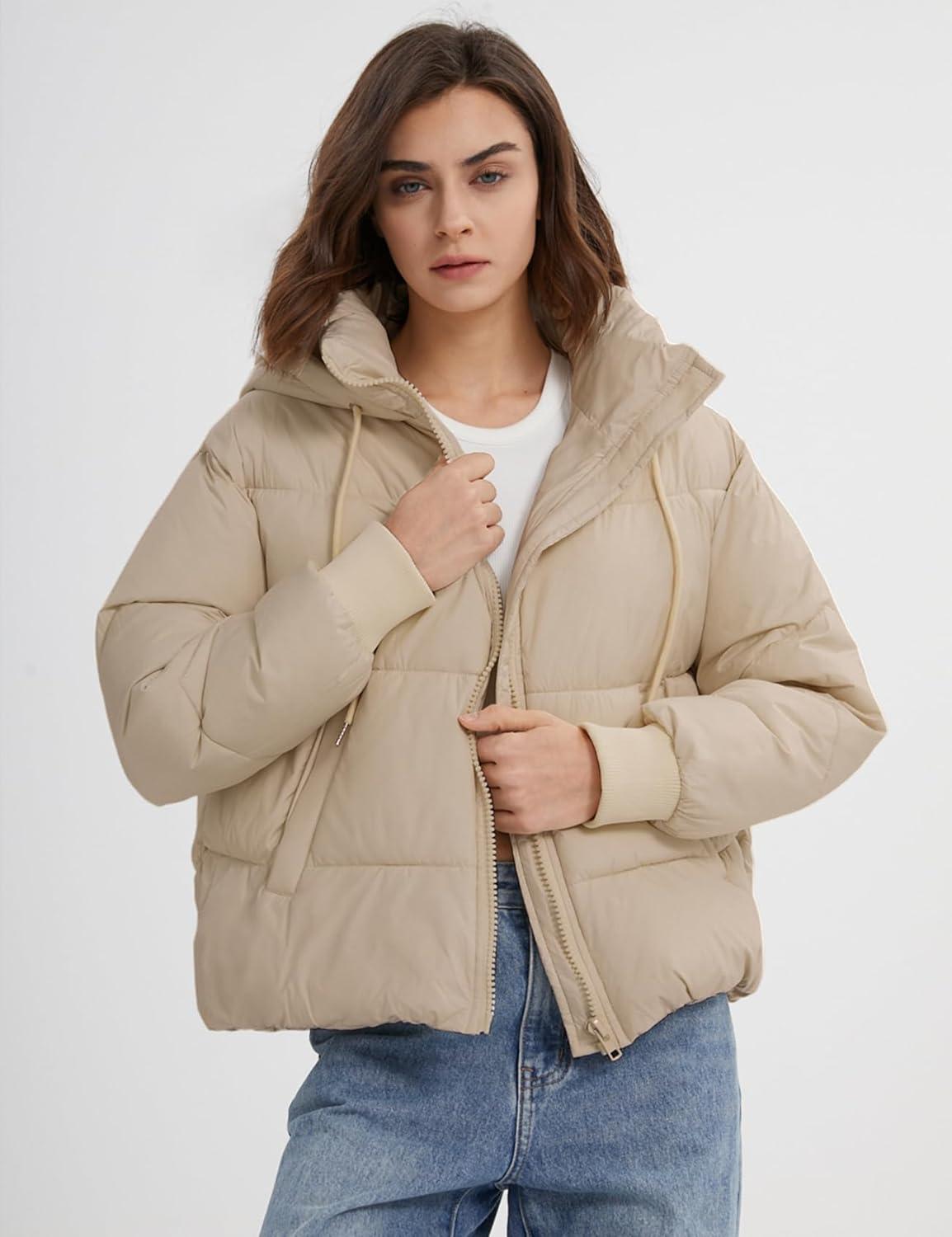 imageGihuo Womens Crop Hooded Puffer Jacket Zip Up Winter Quilted Warm Short Jacket OuterwearKhaki