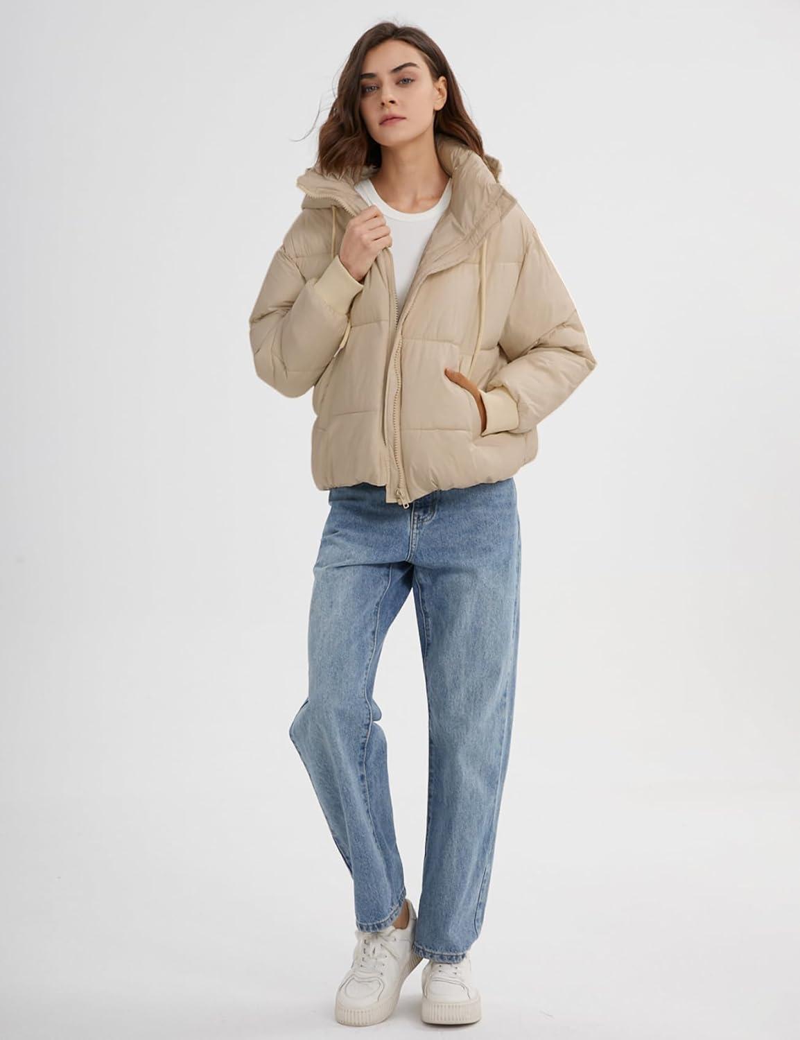 imageGihuo Womens Crop Hooded Puffer Jacket Zip Up Winter Quilted Warm Short Jacket OuterwearKhaki