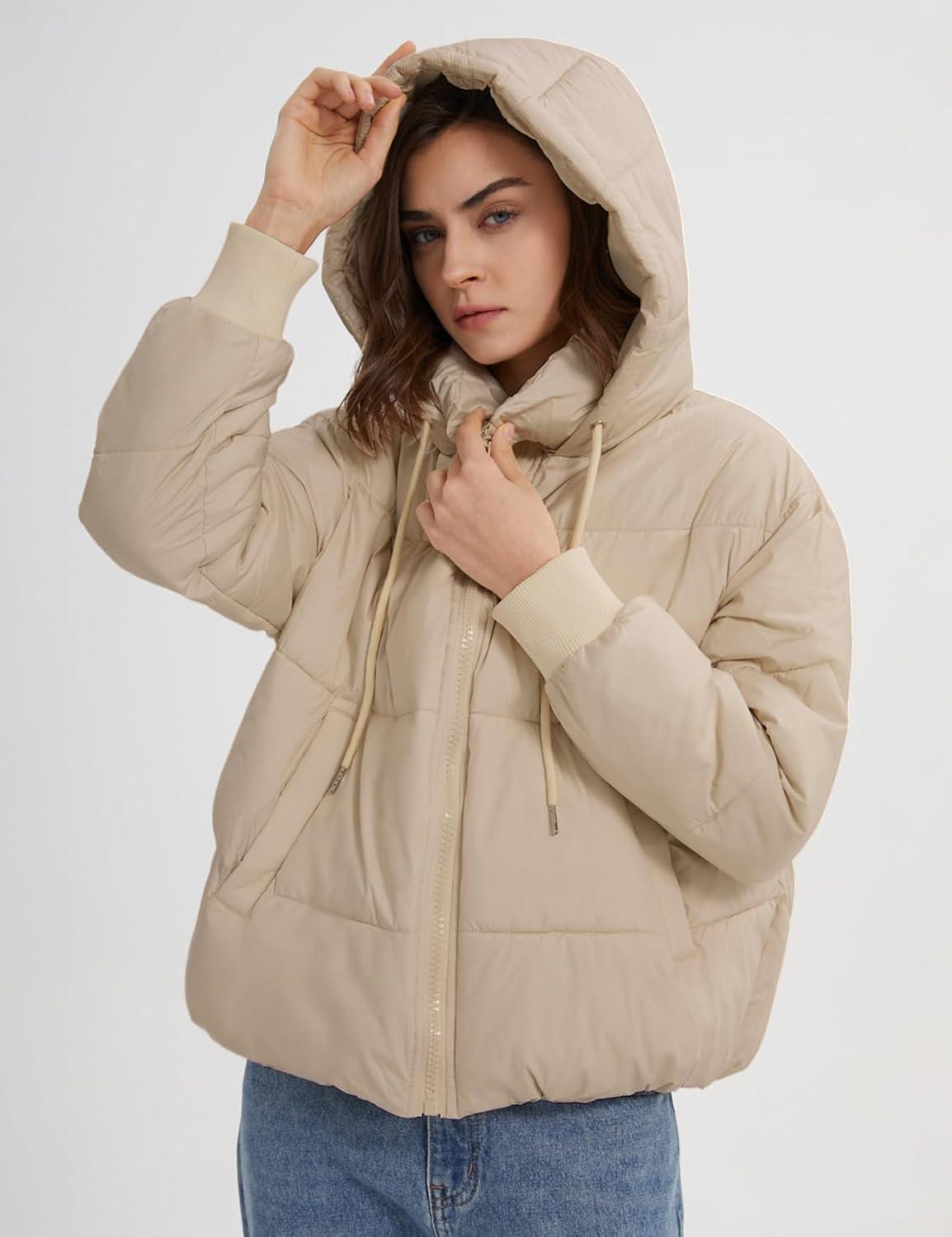 imageGihuo Womens Crop Hooded Puffer Jacket Zip Up Winter Quilted Warm Short Jacket OuterwearKhaki