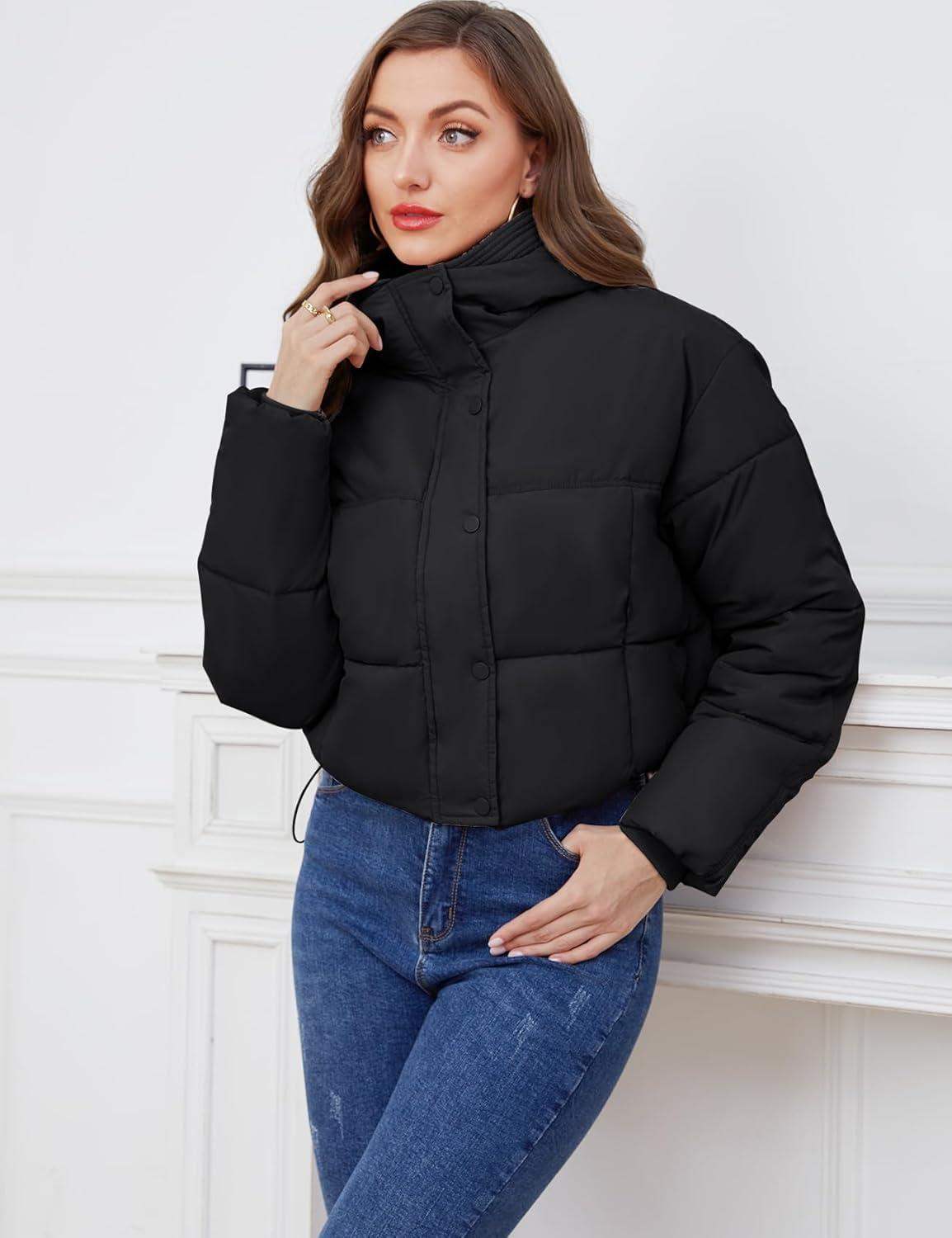 imageGihuo Womens Cropped Puffer Jacket Zip Up Hooded Quilted Jackets Winter Short Padded Coat OuterwearBlackSmall