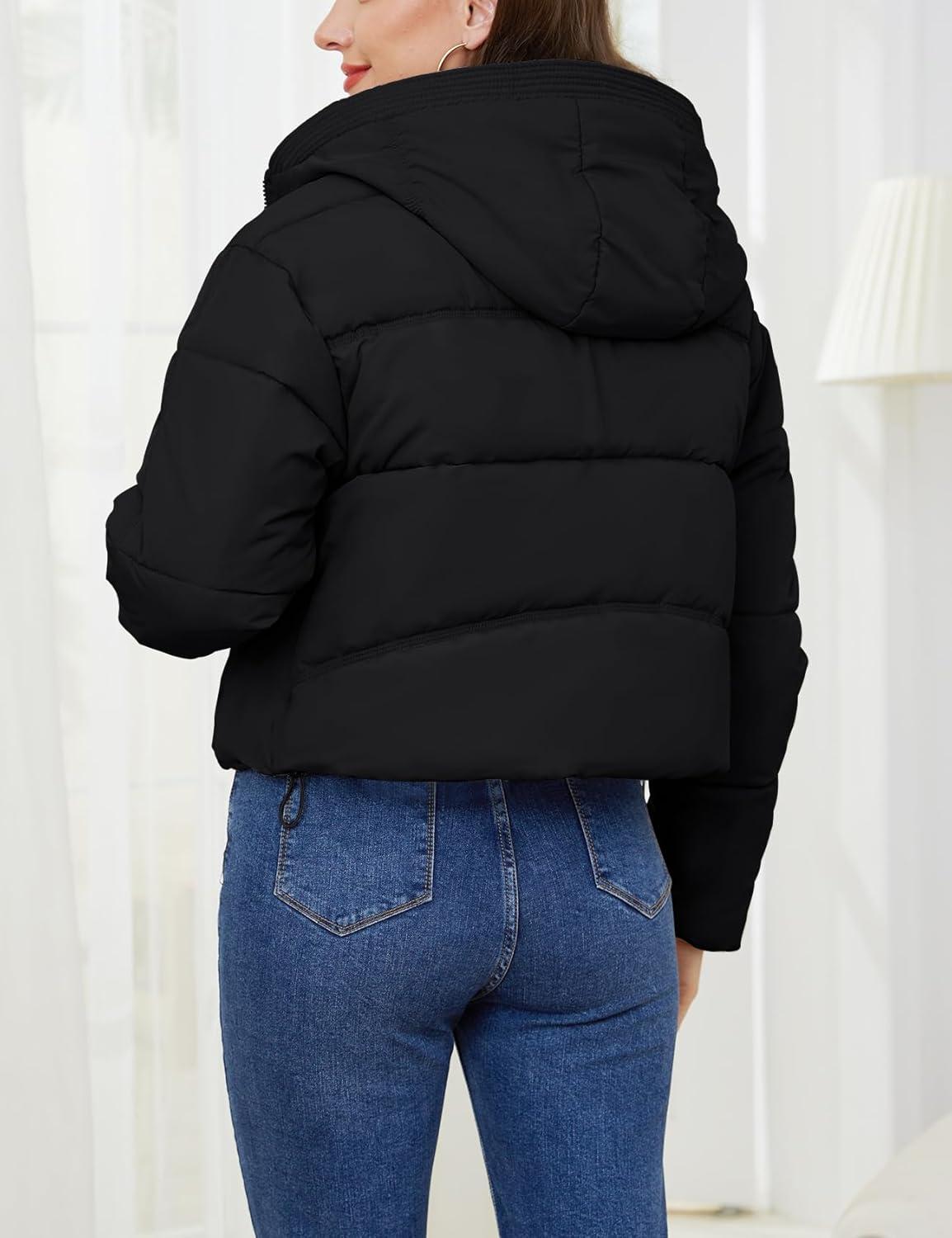 imageGihuo Womens Cropped Puffer Jacket Zip Up Hooded Quilted Jackets Winter Short Padded Coat OuterwearBlackSmall