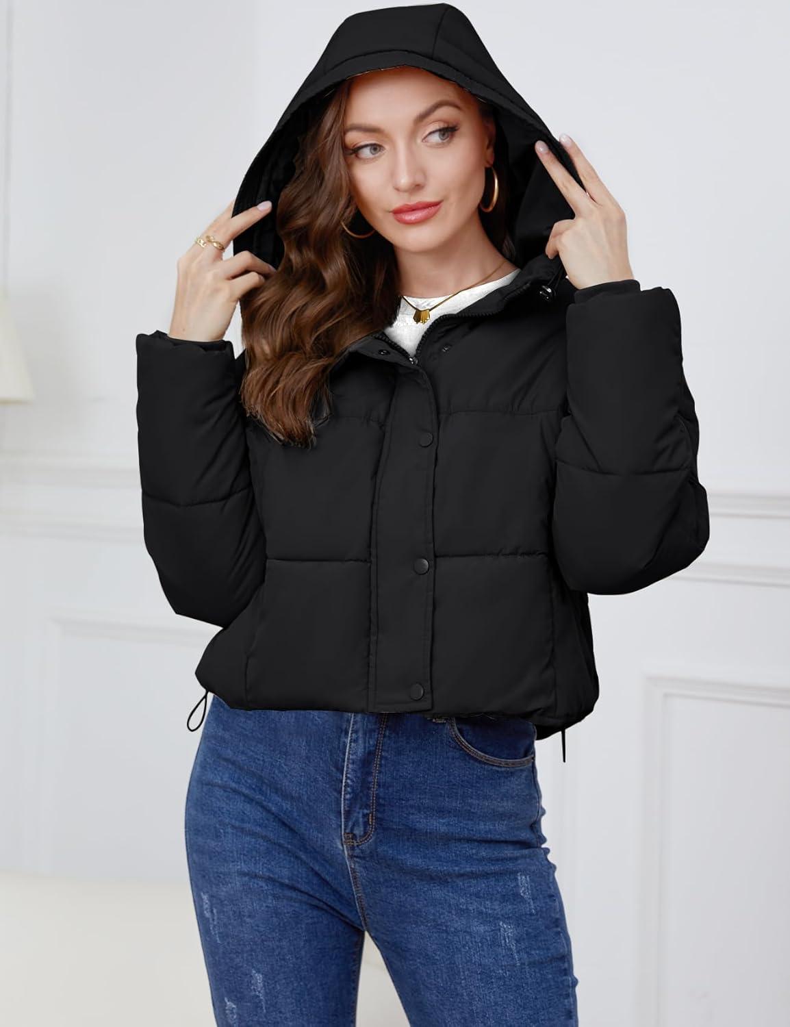 imageGihuo Womens Cropped Puffer Jacket Zip Up Hooded Quilted Jackets Winter Short Padded Coat OuterwearBlackSmall