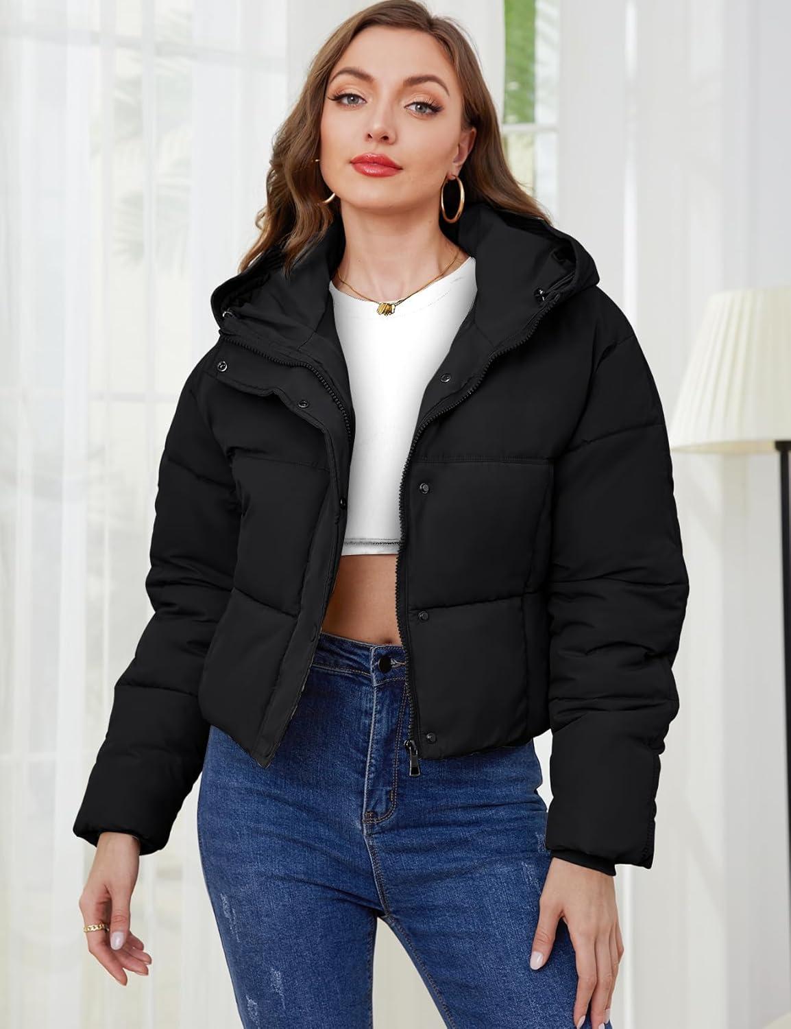 imageGihuo Womens Cropped Puffer Jacket Zip Up Hooded Quilted Jackets Winter Short Padded Coat OuterwearBlackSmall