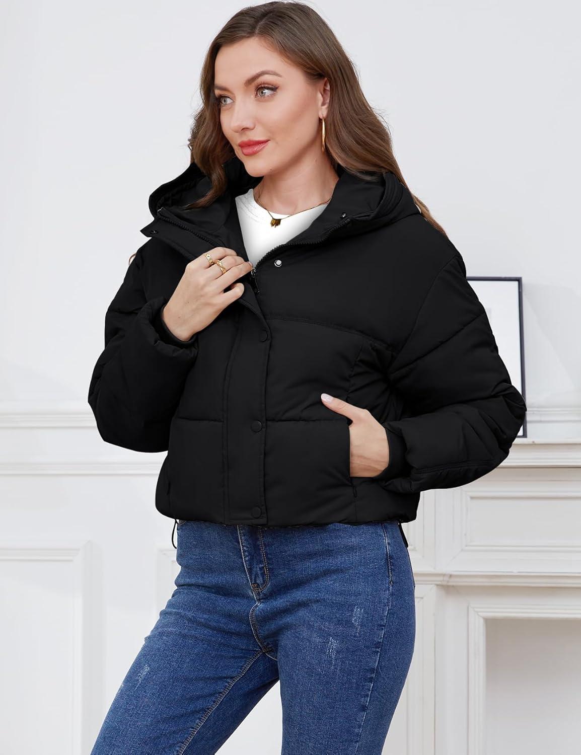 imageGihuo Womens Cropped Puffer Jacket Zip Up Hooded Quilted Jackets Winter Short Padded Coat OuterwearBlackSmall