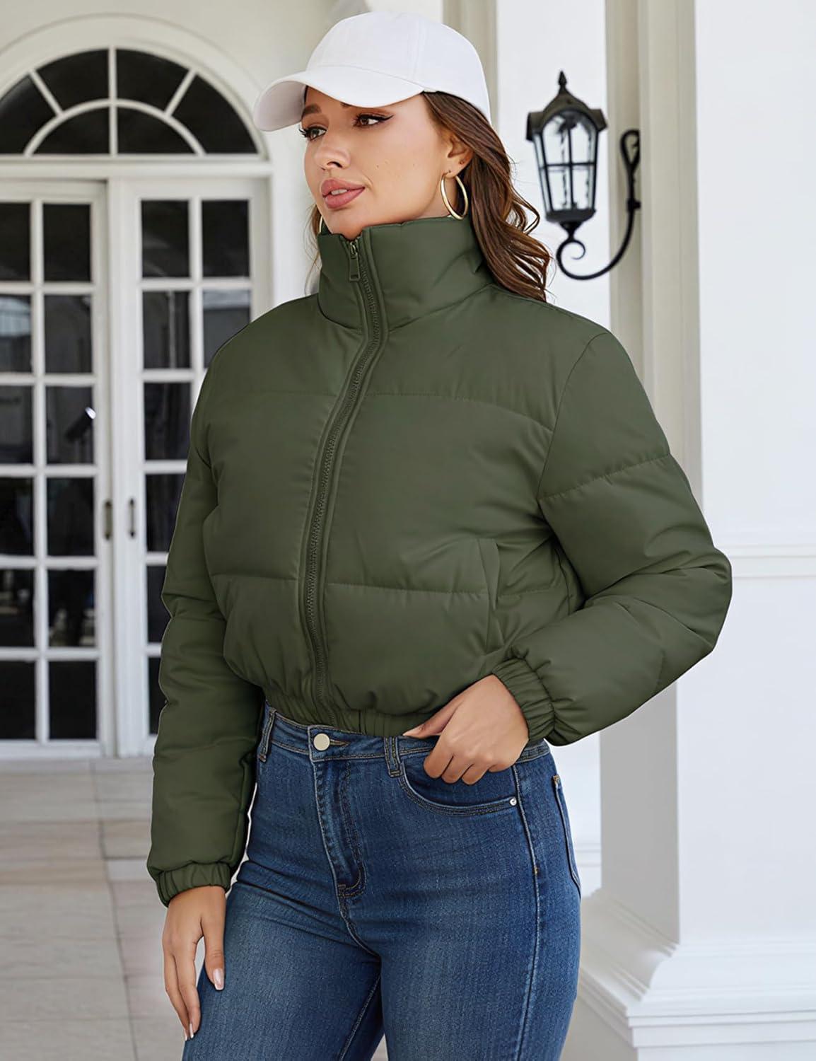 imageGihuo Womens Cropped Puffer Jacket Zip Up Winter Short Quilted Jackets Bubble CoatArmygreen