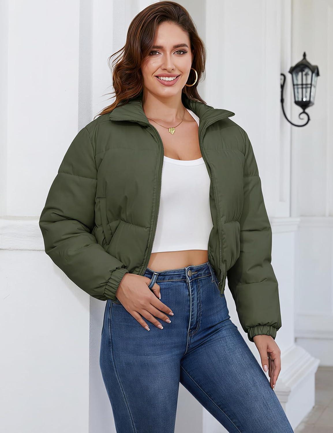 imageGihuo Womens Cropped Puffer Jacket Zip Up Winter Short Quilted Jackets Bubble CoatArmygreen