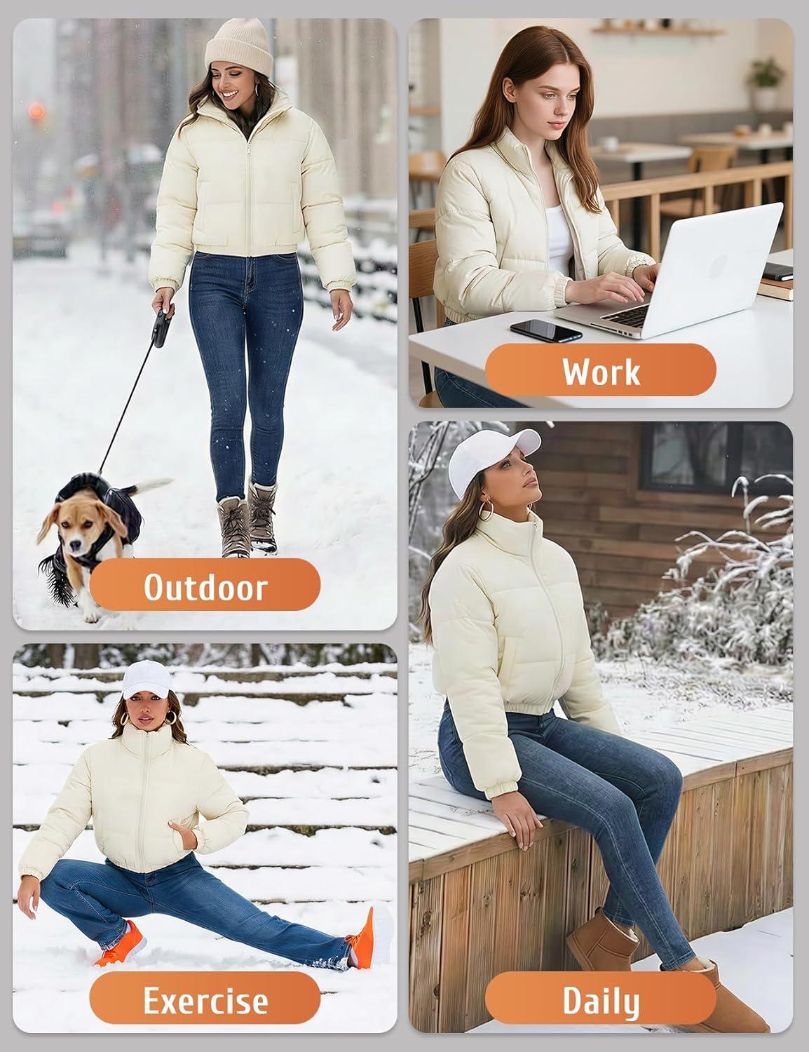 imageGihuo Womens Cropped Puffer Jacket Zip Up Winter Short Quilted Jackets Bubble CoatBeige