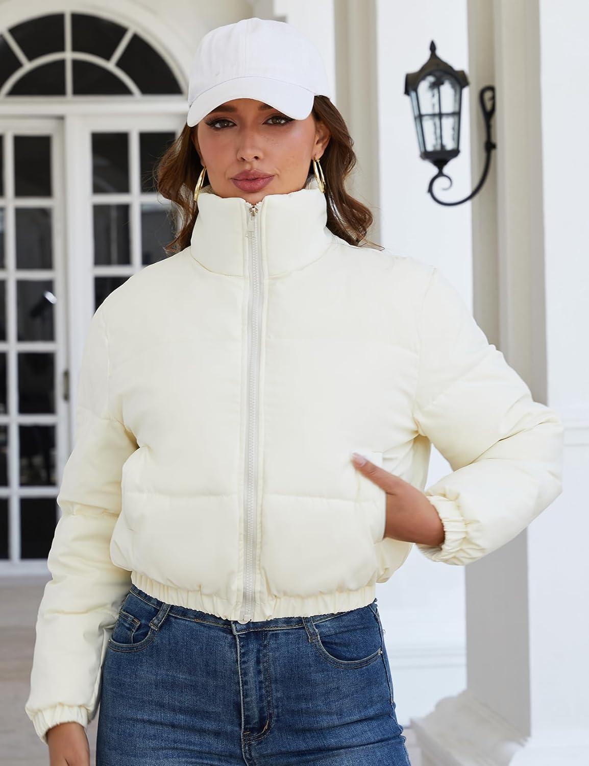 imageGihuo Womens Cropped Puffer Jacket Zip Up Winter Short Quilted Jackets Bubble CoatBeige