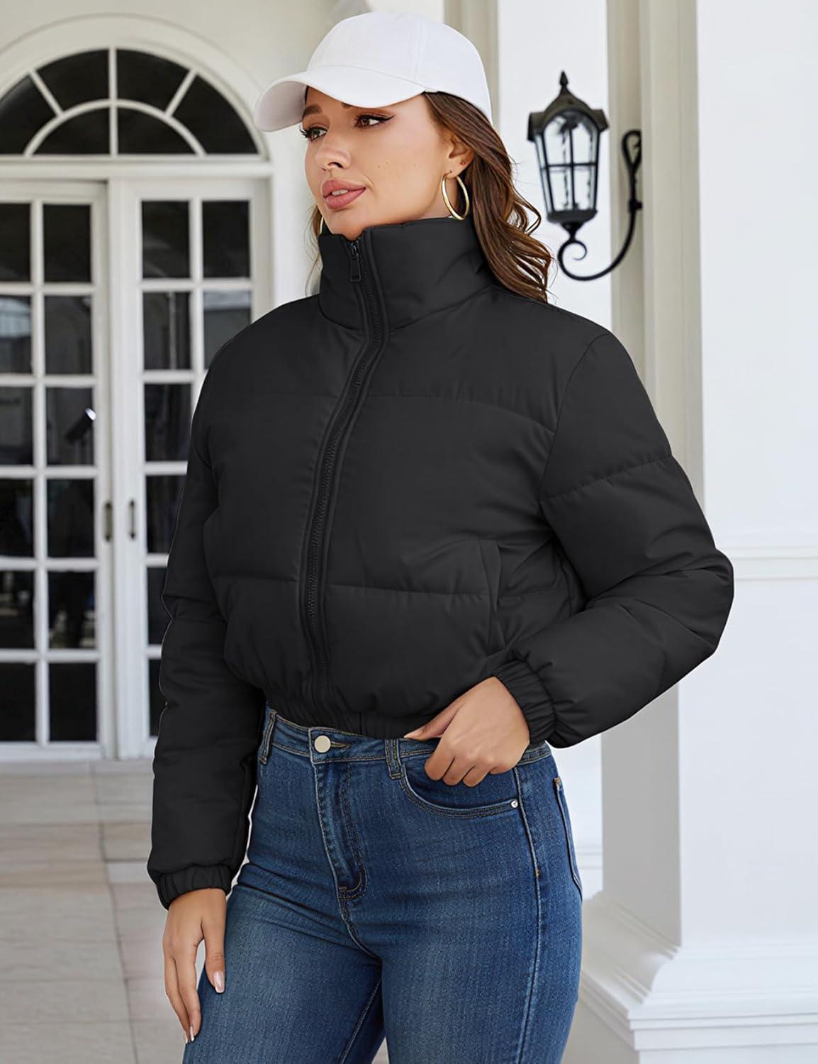 imageGihuo Womens Cropped Puffer Jacket Zip Up Winter Short Quilted Jackets Bubble CoatBlack