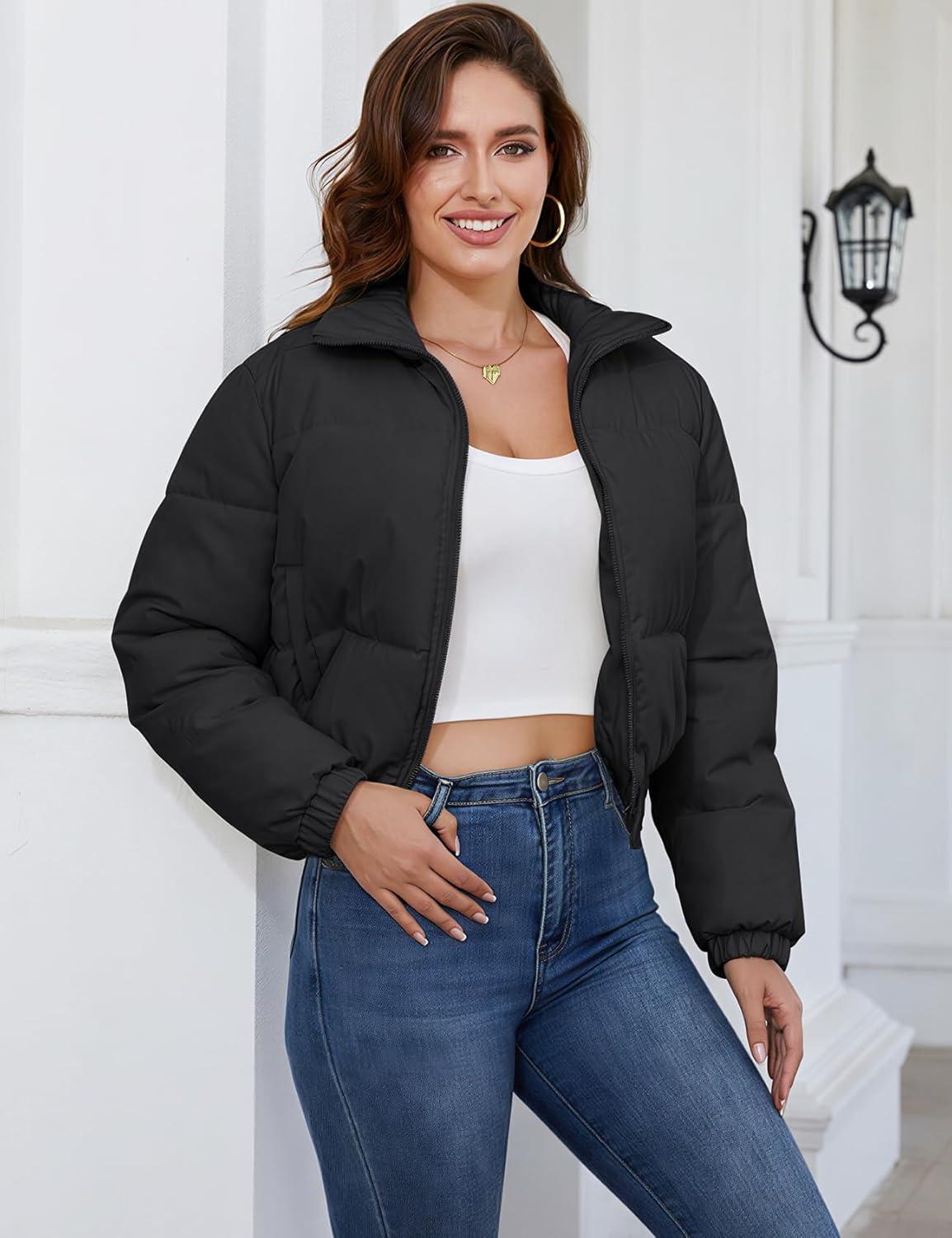 imageGihuo Womens Cropped Puffer Jacket Zip Up Winter Short Quilted Jackets Bubble CoatBlack