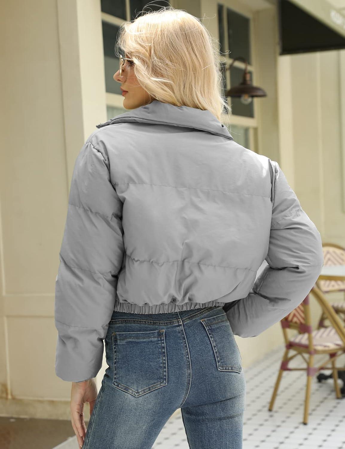 imageGihuo Womens Cropped Puffer Jacket Zip Up Winter Short Quilted Jackets Bubble CoatGrey