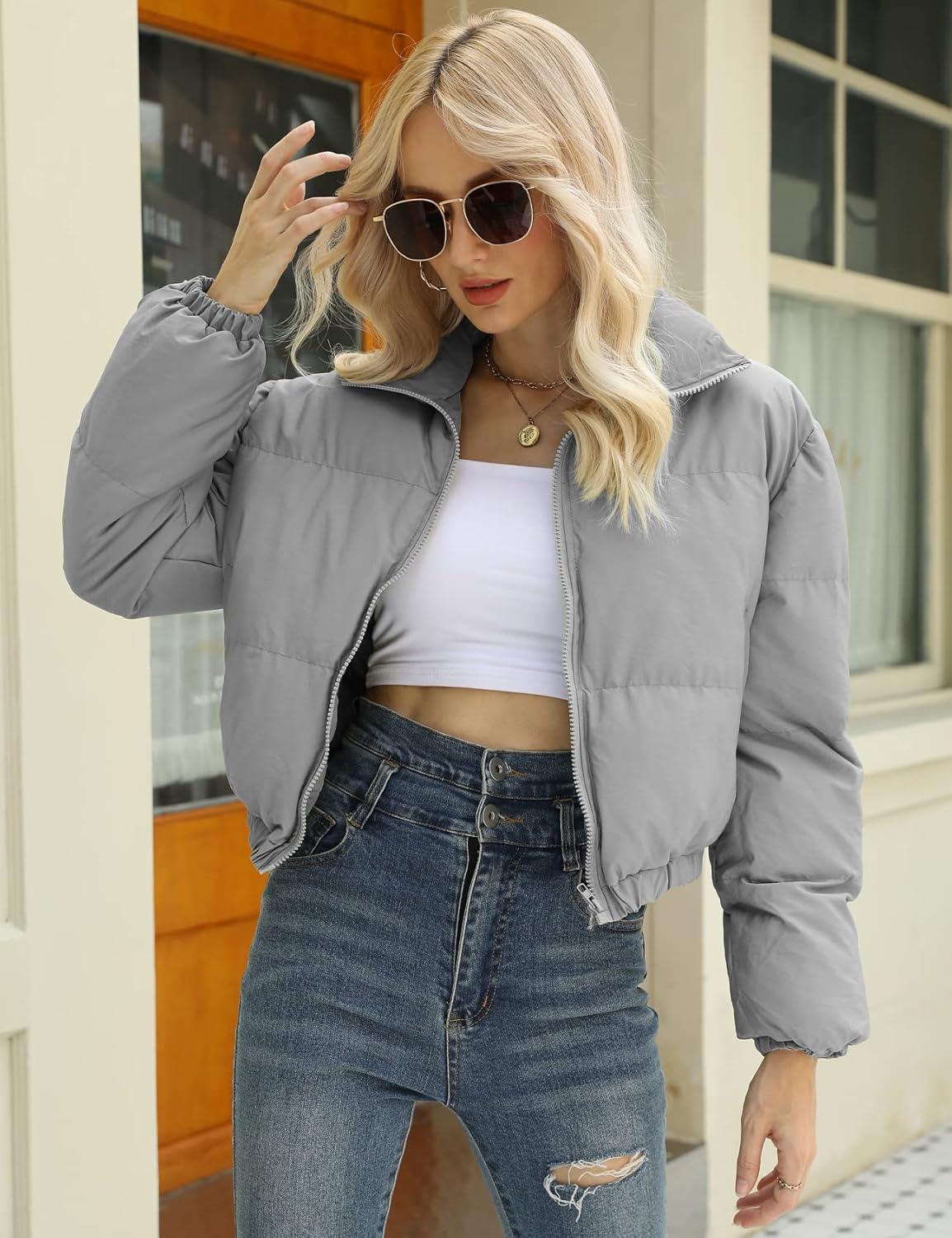 imageGihuo Womens Cropped Puffer Jacket Zip Up Winter Short Quilted Jackets Bubble CoatGrey