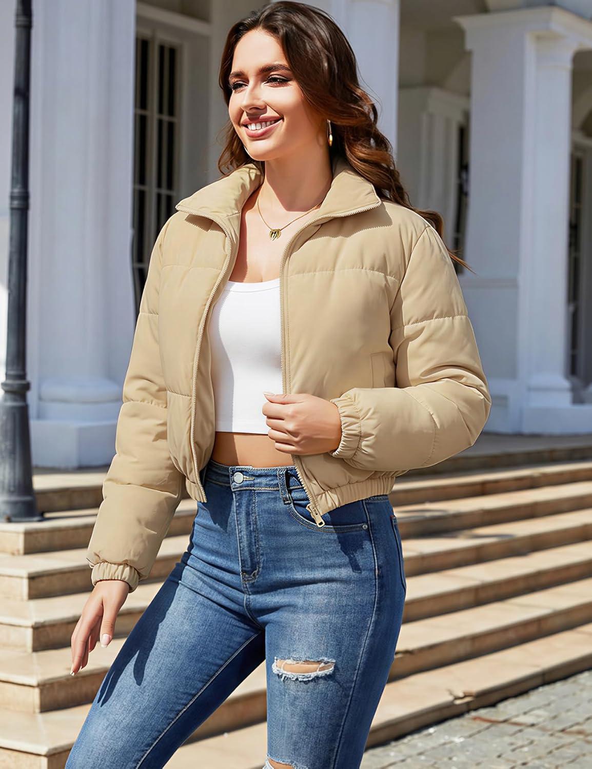imageGihuo Womens Cropped Puffer Jacket Zip Up Winter Short Quilted Jackets Bubble CoatLightkhaki