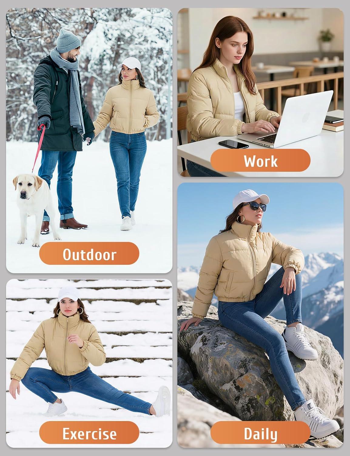 imageGihuo Womens Cropped Puffer Jacket Zip Up Winter Short Quilted Jackets Bubble CoatLightkhaki