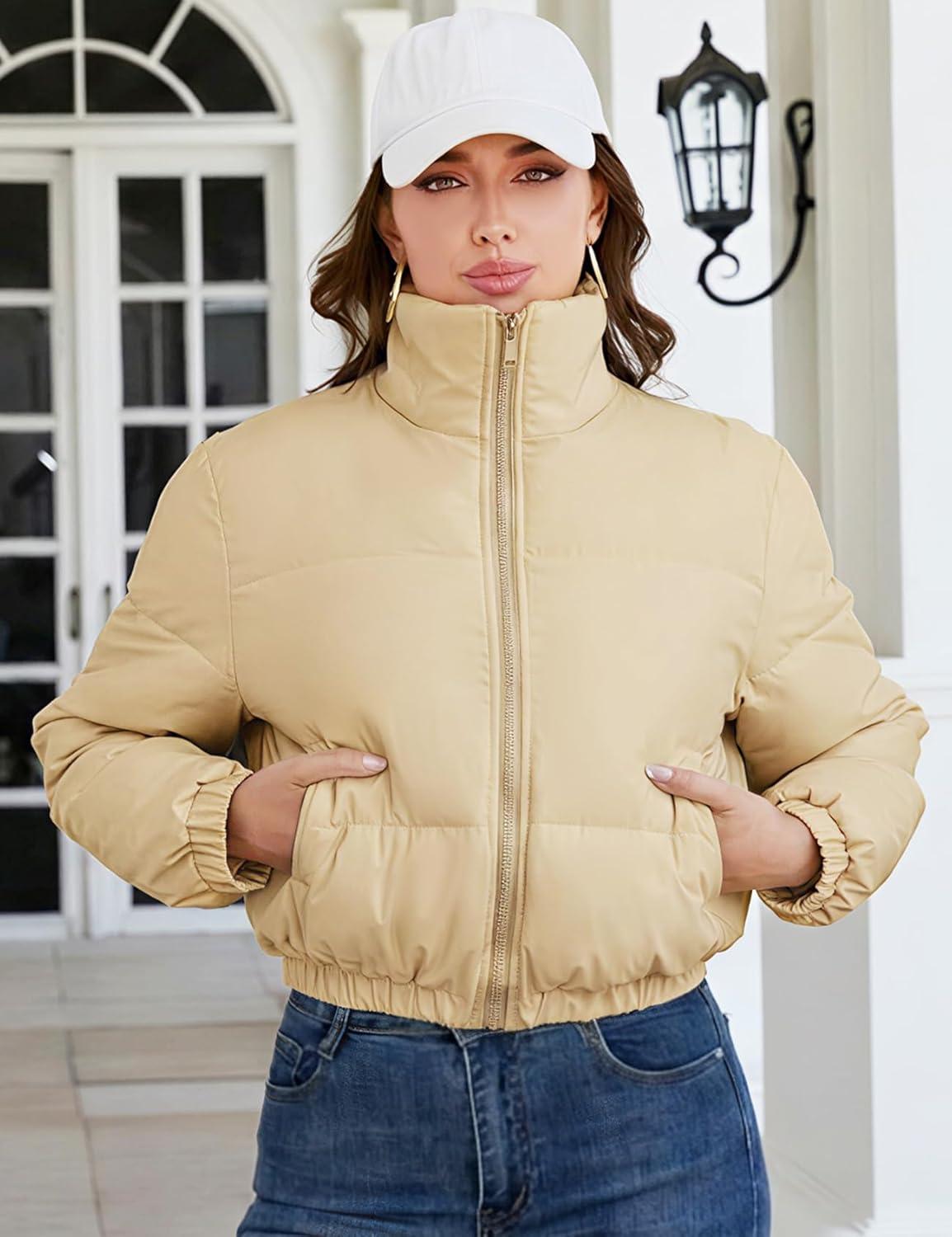 imageGihuo Womens Cropped Puffer Jacket Zip Up Winter Short Quilted Jackets Bubble CoatLightkhaki