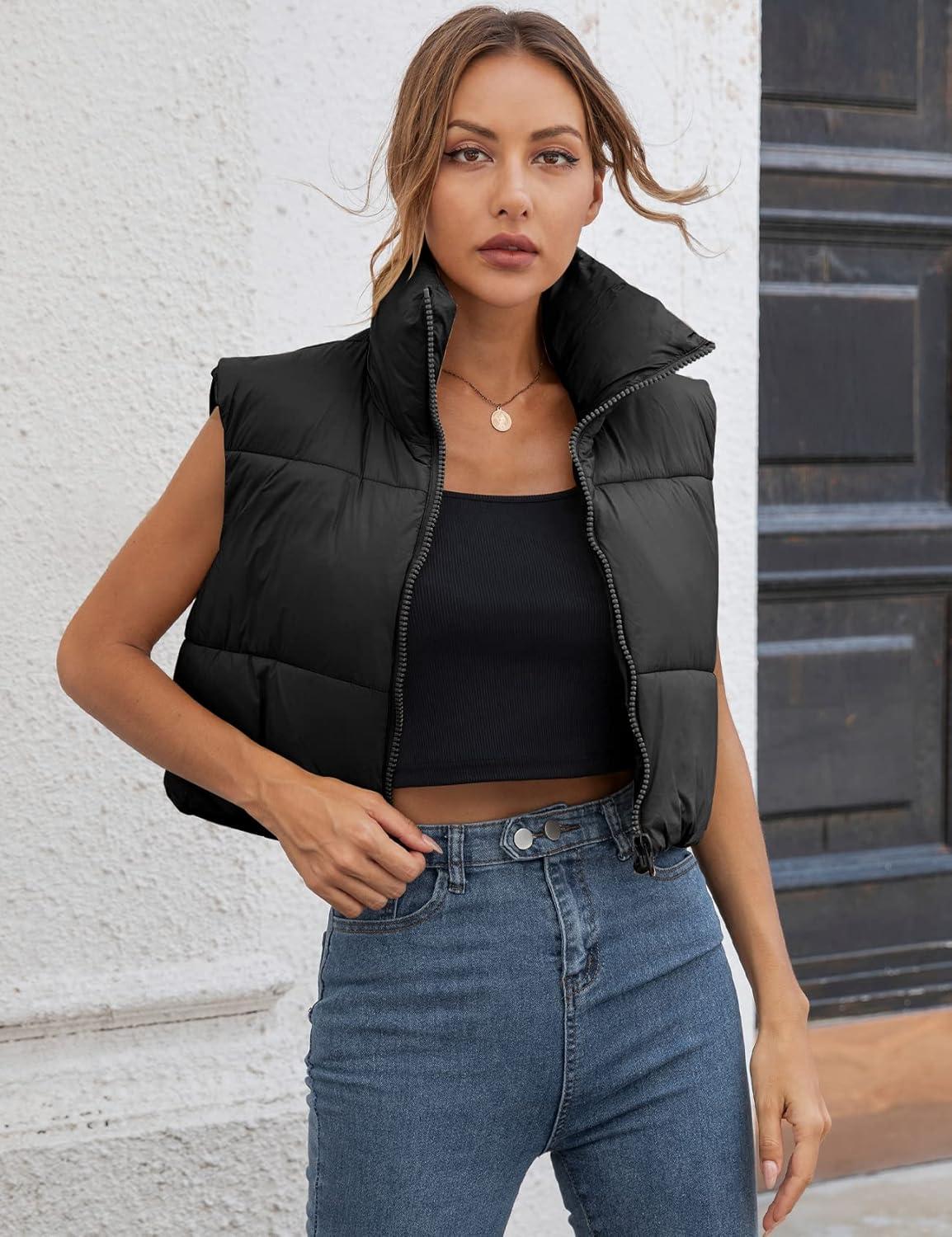 imageGihuo Womens Cropped Puffer Vest Winter Crop Vest Lightweight Sleeveless Warm Outerwear Puffer Jacket Padded GiletBlack