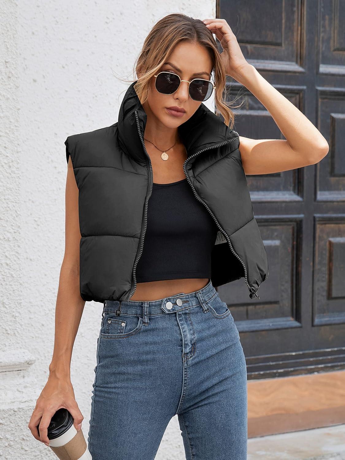 imageGihuo Womens Cropped Puffer Vest Winter Crop Vest Lightweight Sleeveless Warm Outerwear Puffer Jacket Padded GiletBlack