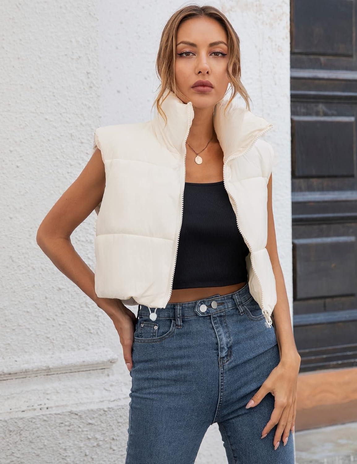 imageGihuo Womens Cropped Puffer Vest Winter Crop Vest Lightweight Sleeveless Warm Outerwear Puffer Jacket Padded GiletWhite