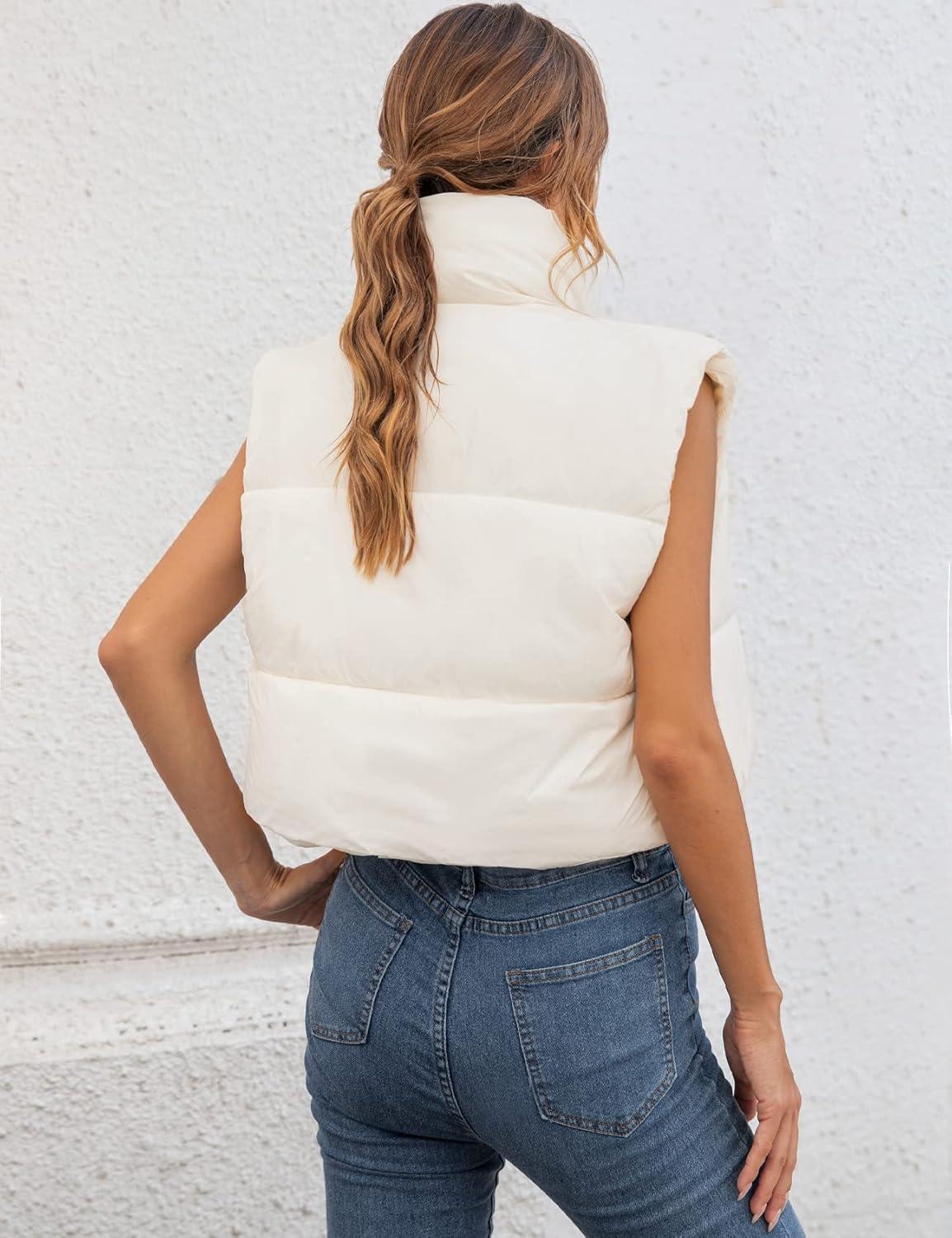 imageGihuo Womens Cropped Puffer Vest Winter Crop Vest Lightweight Sleeveless Warm Outerwear Puffer Jacket Padded GiletWhite