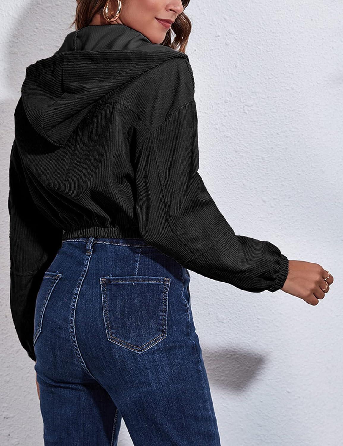 imageGihuo Womens Fashion Cropped Shacket Button Down Corduroy Shacket Jackets Casual Plaid Long Sleeve Crop Jackets Tops02 Blackhooded