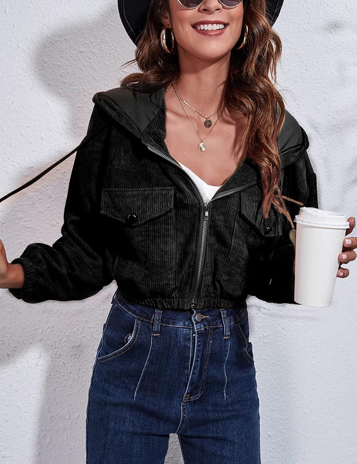 imageGihuo Womens Fashion Cropped Shacket Button Down Corduroy Shacket Jackets Casual Plaid Long Sleeve Crop Jackets Tops02 Blackhooded