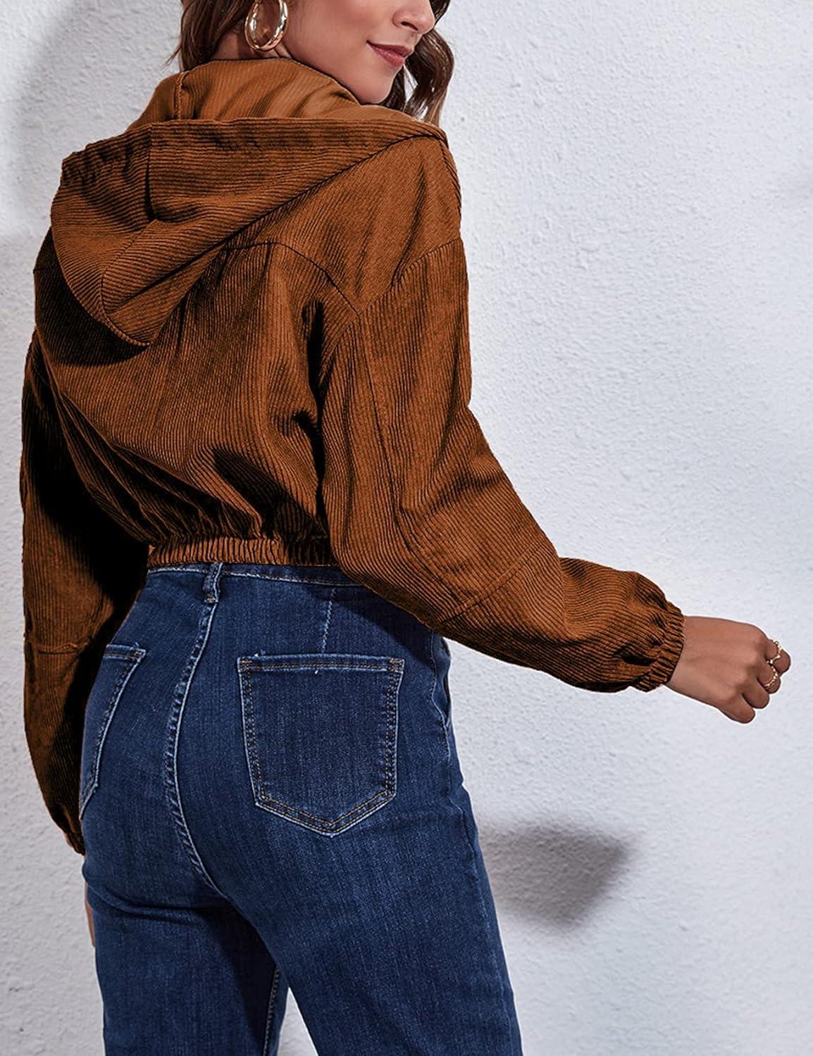 imageGihuo Womens Fashion Cropped Shacket Button Down Corduroy Shacket Jackets Casual Plaid Long Sleeve Crop Jackets Tops02 Brownhooded