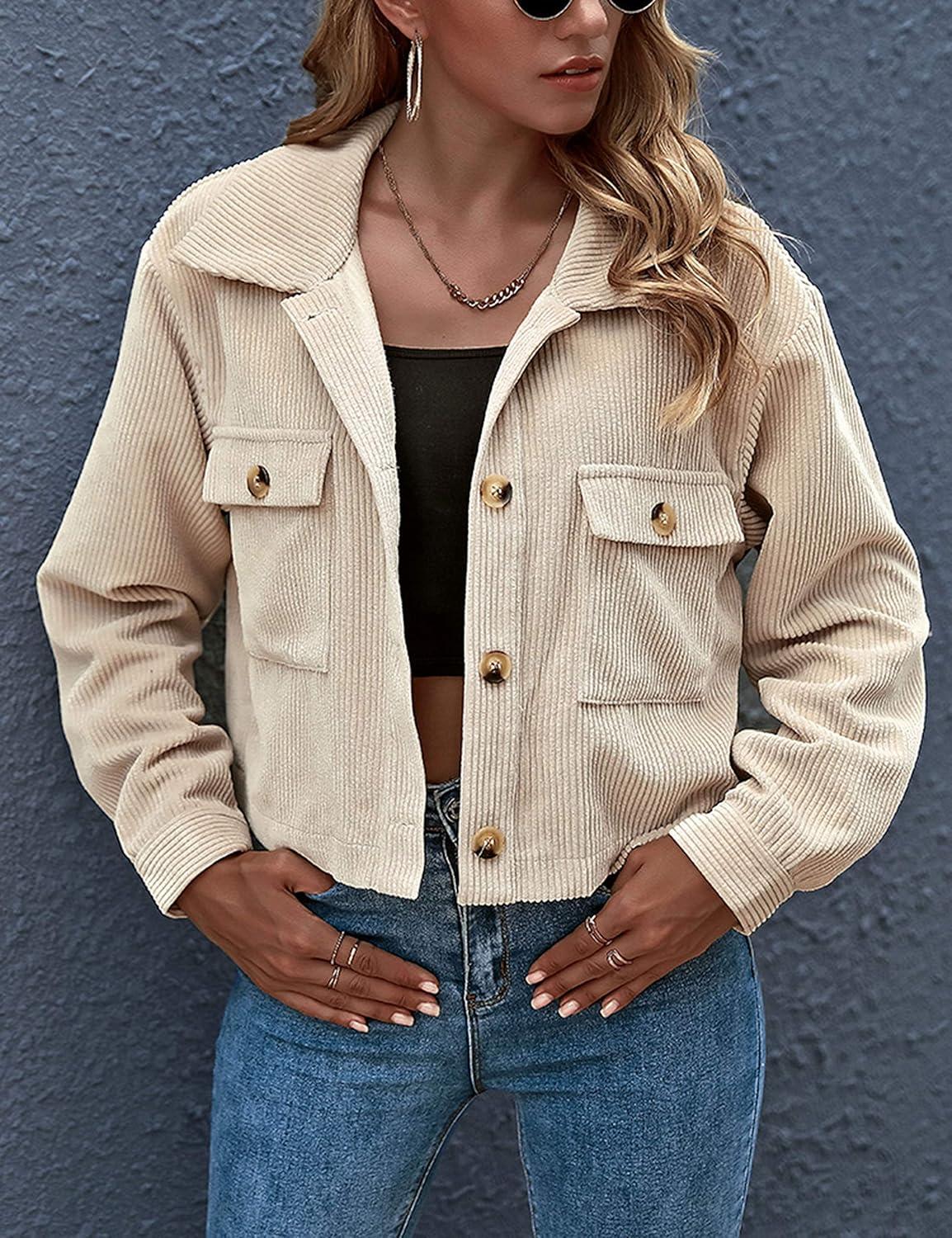 imageGihuo Womens Fashion Cropped Shacket Button Down Corduroy Shacket Jackets Casual Plaid Long Sleeve Crop Jackets TopsApricot