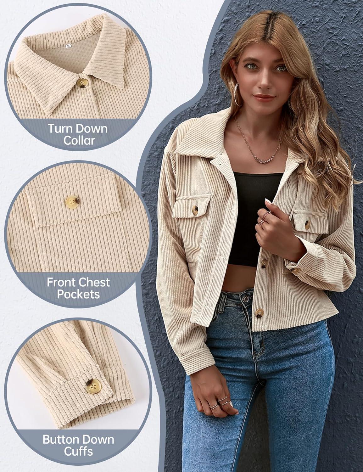 imageGihuo Womens Fashion Cropped Shacket Button Down Corduroy Shacket Jackets Casual Plaid Long Sleeve Crop Jackets TopsApricot
