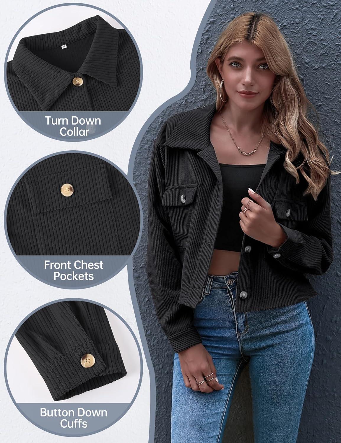 imageGihuo Womens Fashion Cropped Shacket Button Down Corduroy Shacket Jackets Casual Plaid Long Sleeve Crop Jackets TopsBlack