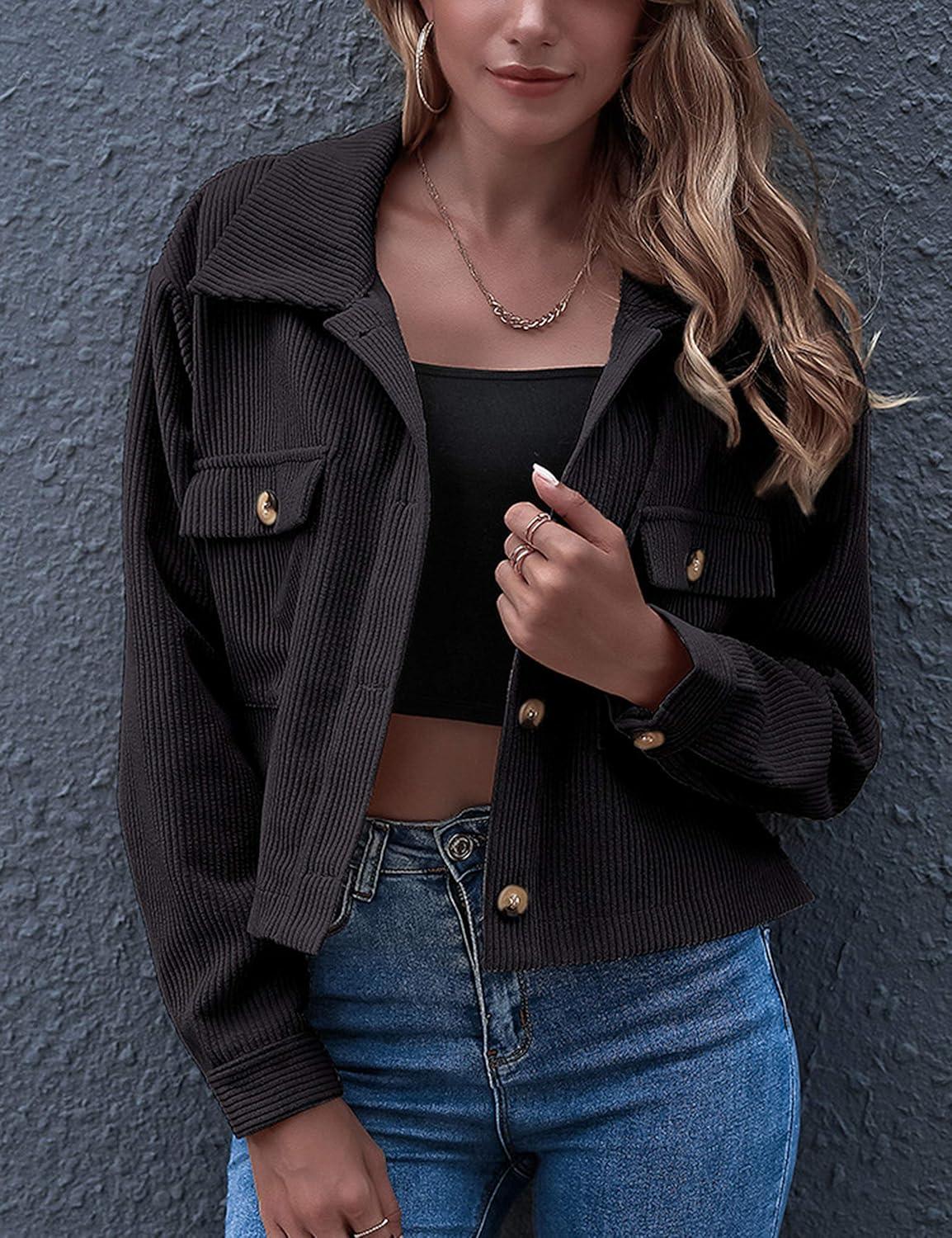 imageGihuo Womens Fashion Cropped Shacket Button Down Corduroy Shacket Jackets Casual Plaid Long Sleeve Crop Jackets TopsBlack