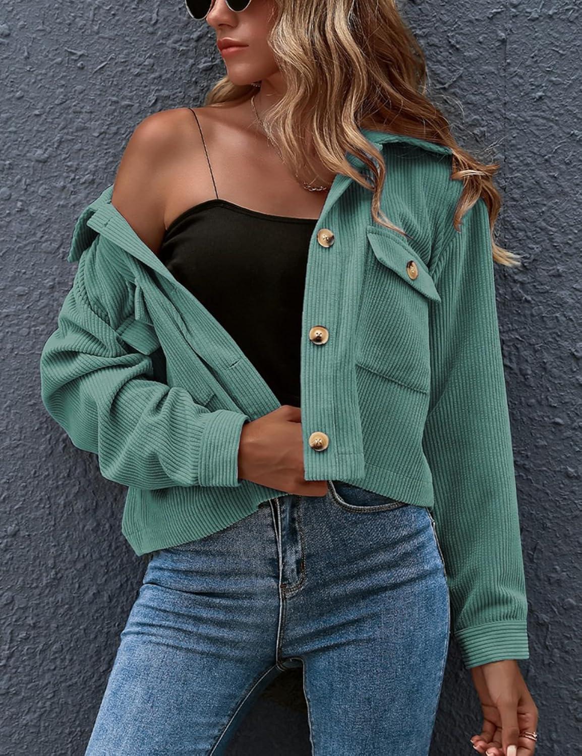 imageGihuo Womens Fashion Cropped Shacket Button Down Corduroy Shacket Jackets Casual Plaid Long Sleeve Crop Jackets TopsGreen